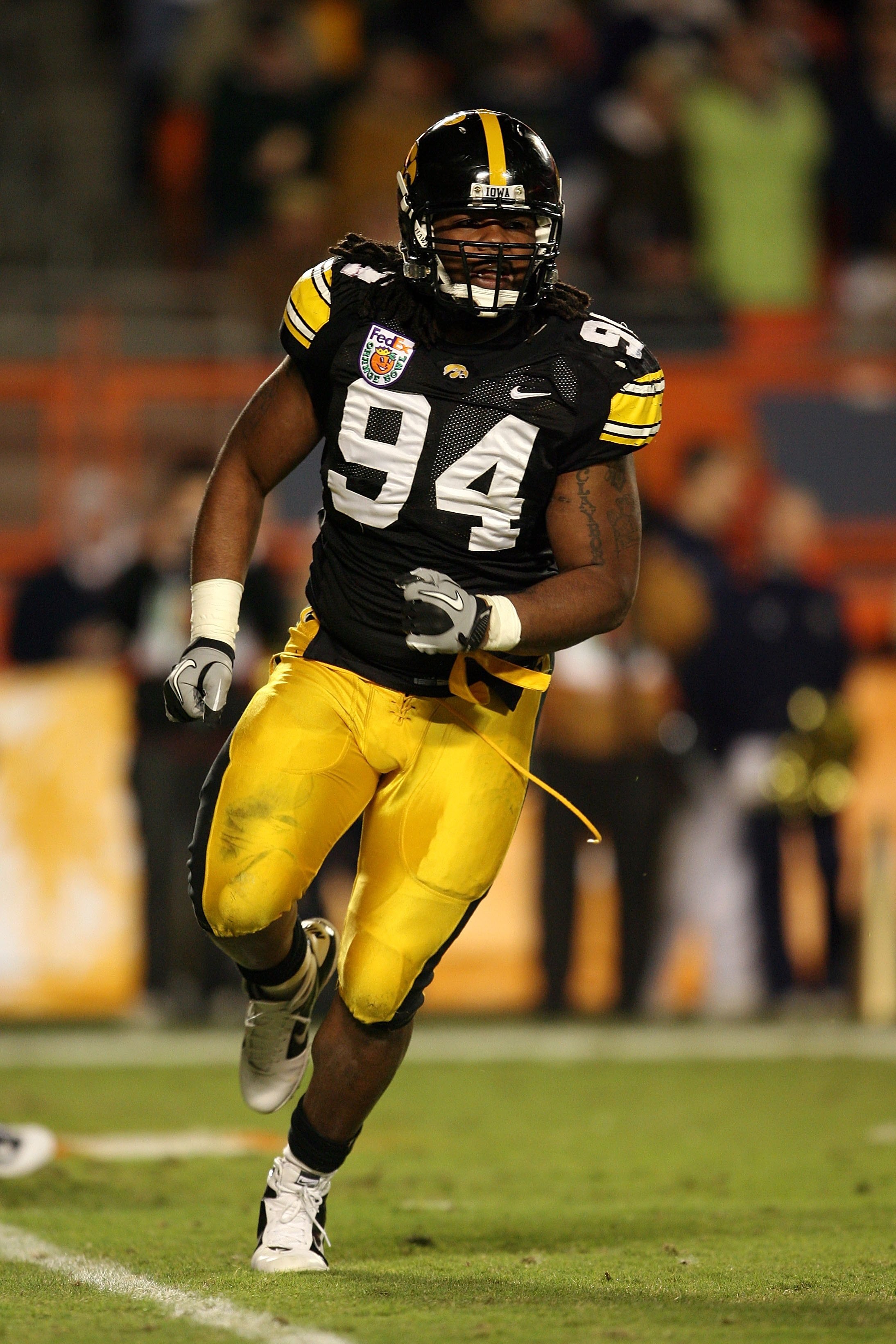 MIAMI GARDENS, FL - JANUARY 05:  Adrian Clayborn #94 of the Iowa Hawkeyes rushes the passer against the Georgia Tech Yellow Jackets during the FedEx Orange Bowl at Land Shark Stadium on January 5, 2010 in Miami Gardens, Florida. Iowa won 24-14. (Photo by