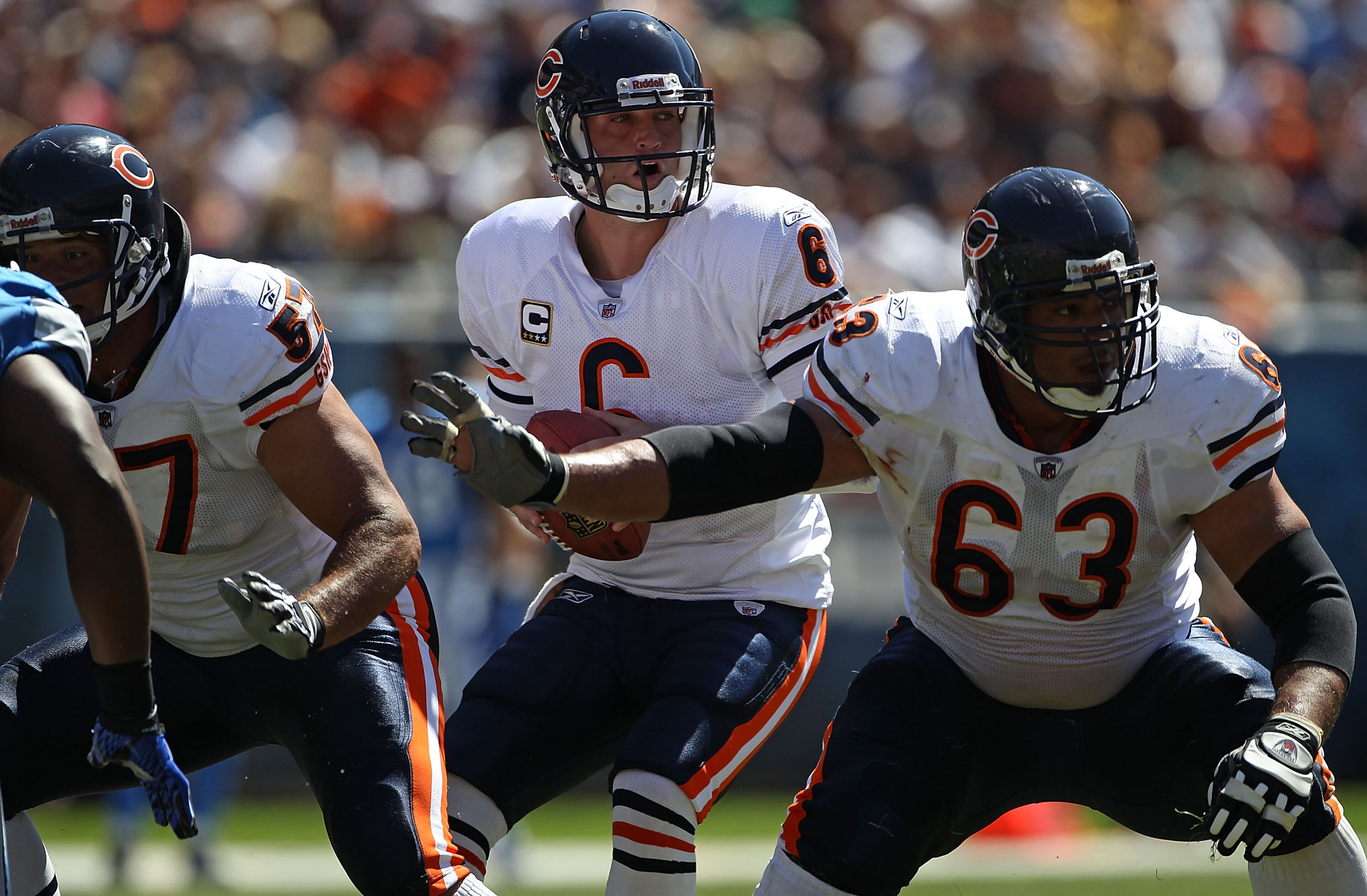 CHICAGO - SEPTEMBER 12: Jay Cutler #6 of the Chicago Bears drops back to pass under the protection of teammates Roberto Garza #63 and Olin Kreutz #57 against the Detroit Lions during the NFL season opening game at Soldier Field on September 12, 2010 in Ch CHICAGO - SEPTEMBER 12: Jay Cutler #6 of the Chicago Bears drops back to pass under the protection of teammates Roberto Garza #63 and Olin Kreutz #57 against the Detroit Lions during the NFL season opening game at Soldier Field on September 12, 2010 in Ch