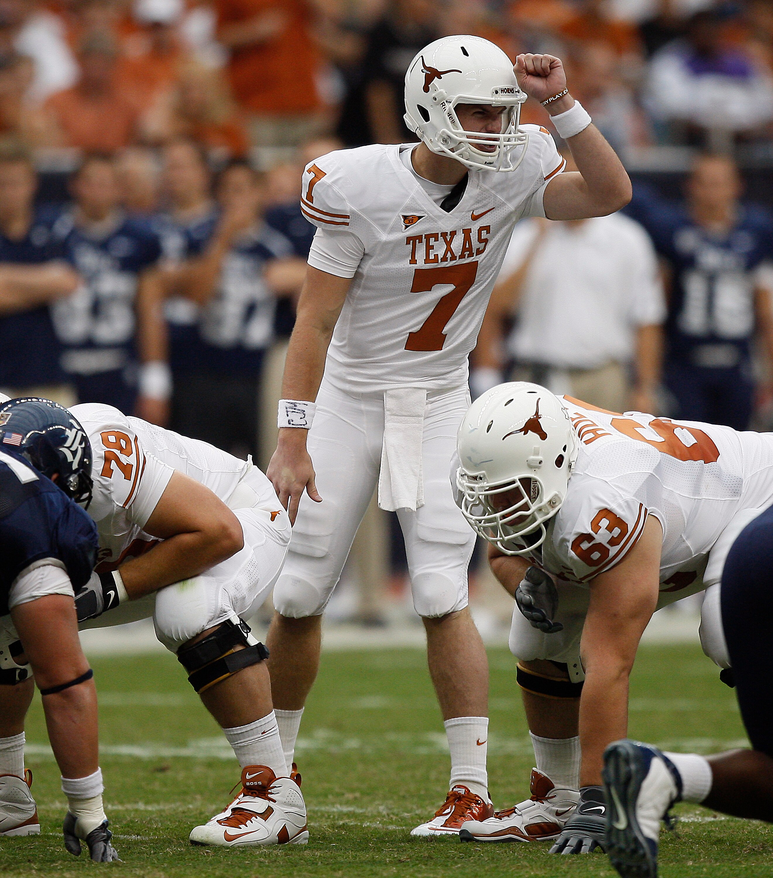 HOUSTON - SEPTEMBER 04:  Quarterback Garrett Gilbert #7 of the Texas Longhorns during game action against the Rice Owls at Reliant Stadium on September 4, 2010 in Houston, Texas. Texas won 34-17.  (Photo by Bob Levey/Getty Images)