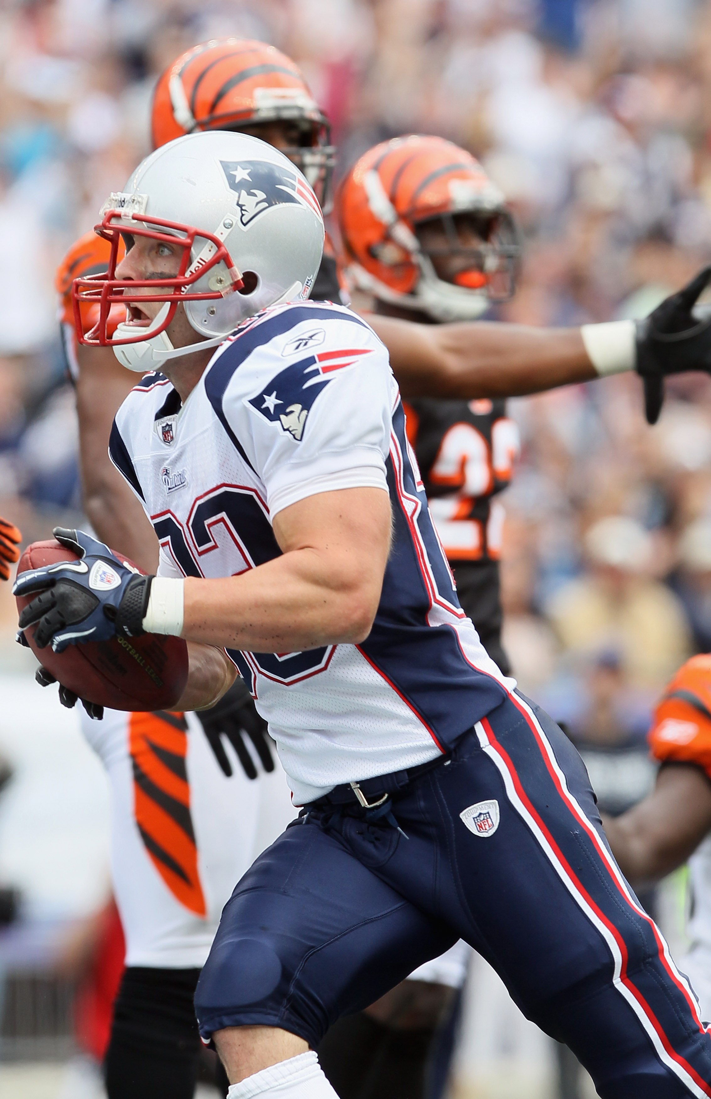 FOXBORO, MA - SEPTEMBER 12:  Wes Welker #83 of the New England Patriots celebrates his touchdown in the second quarter against the Cincinnati Bengals during the NFL season opener on September 12, 2010 at Gillette Stadium in Foxboro, Massachusetts.  (Photo