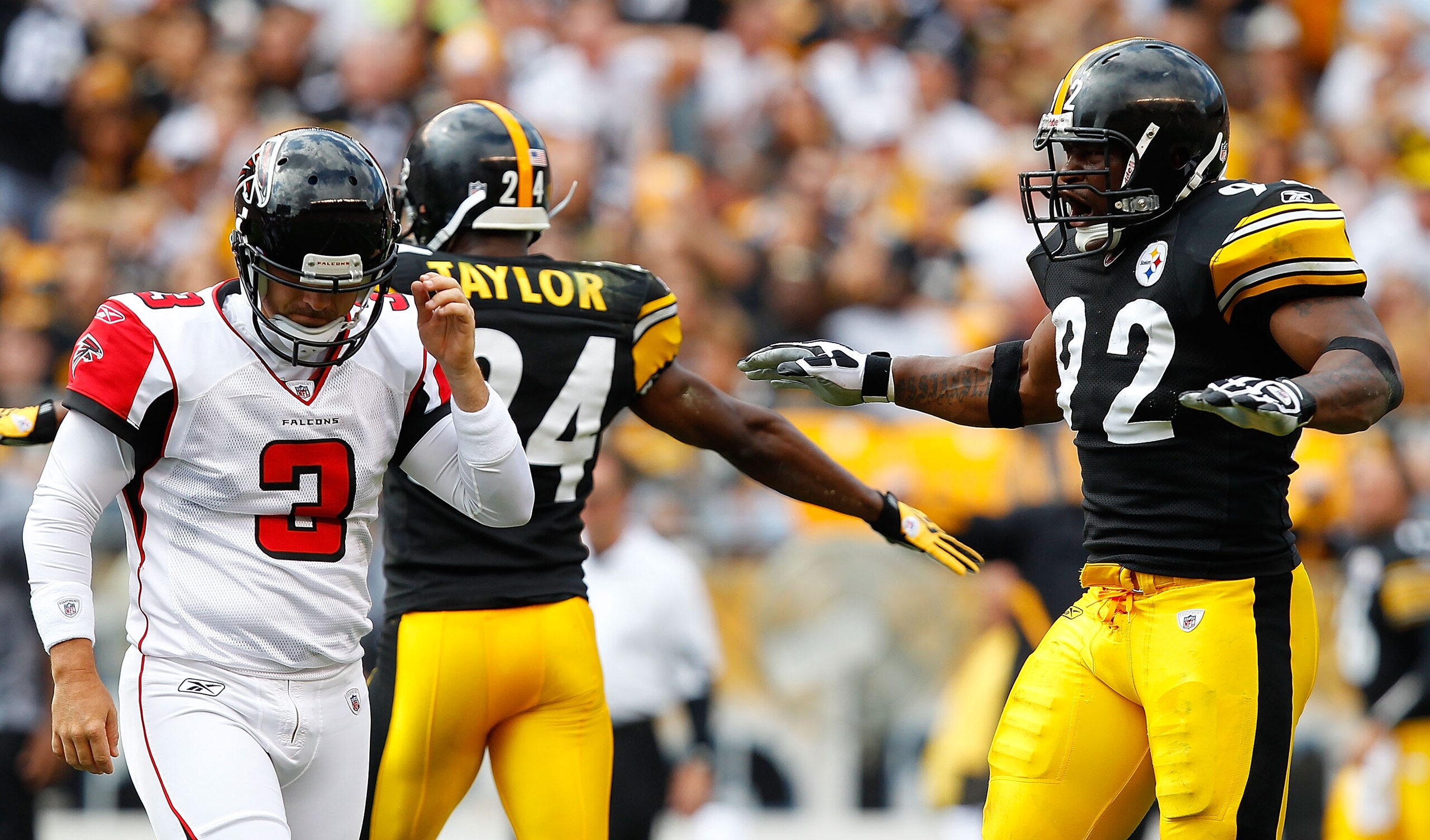 PITTSBURGH - SEPTEMBER 12:  James Harrison #92 of the Pittsburgh Steelers celebrates after Matt Bryant #3 of the Atlanta Falcons missed a field goal during the NFL season opener game on September 12, 2010 at Heinz Field in Pittsburgh, Pennsylvania.  (Phot
