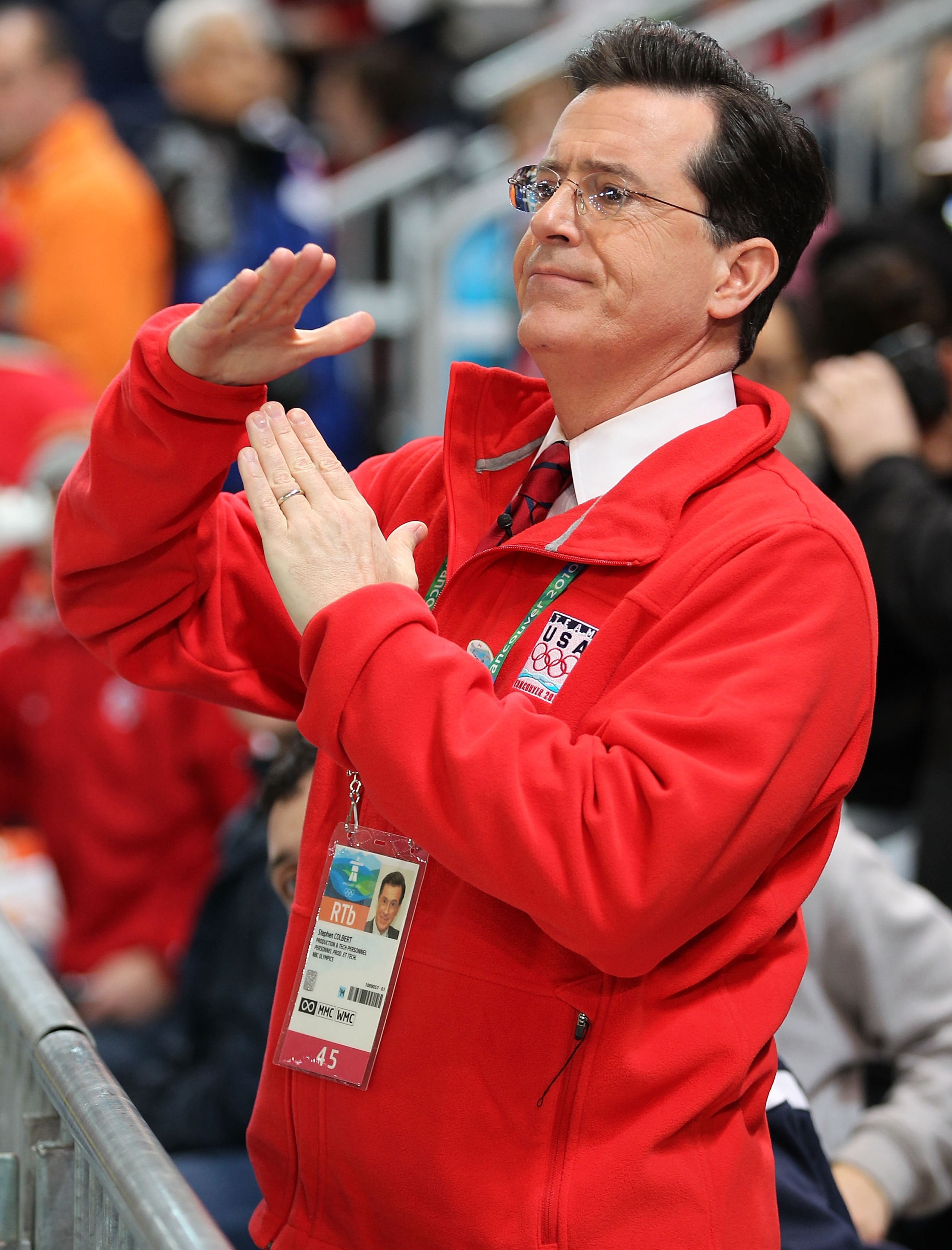 VANCOUVER, BC - FEBRUARY 17:  Stephen Colbert, host of the Colbert Report, calls for time-out at the Richmond Olympic Oval prior to the start of the men's speed skating 1000 m finals on day six of the Vancouver 2010 Winter Olympics on February 17, 2010 in