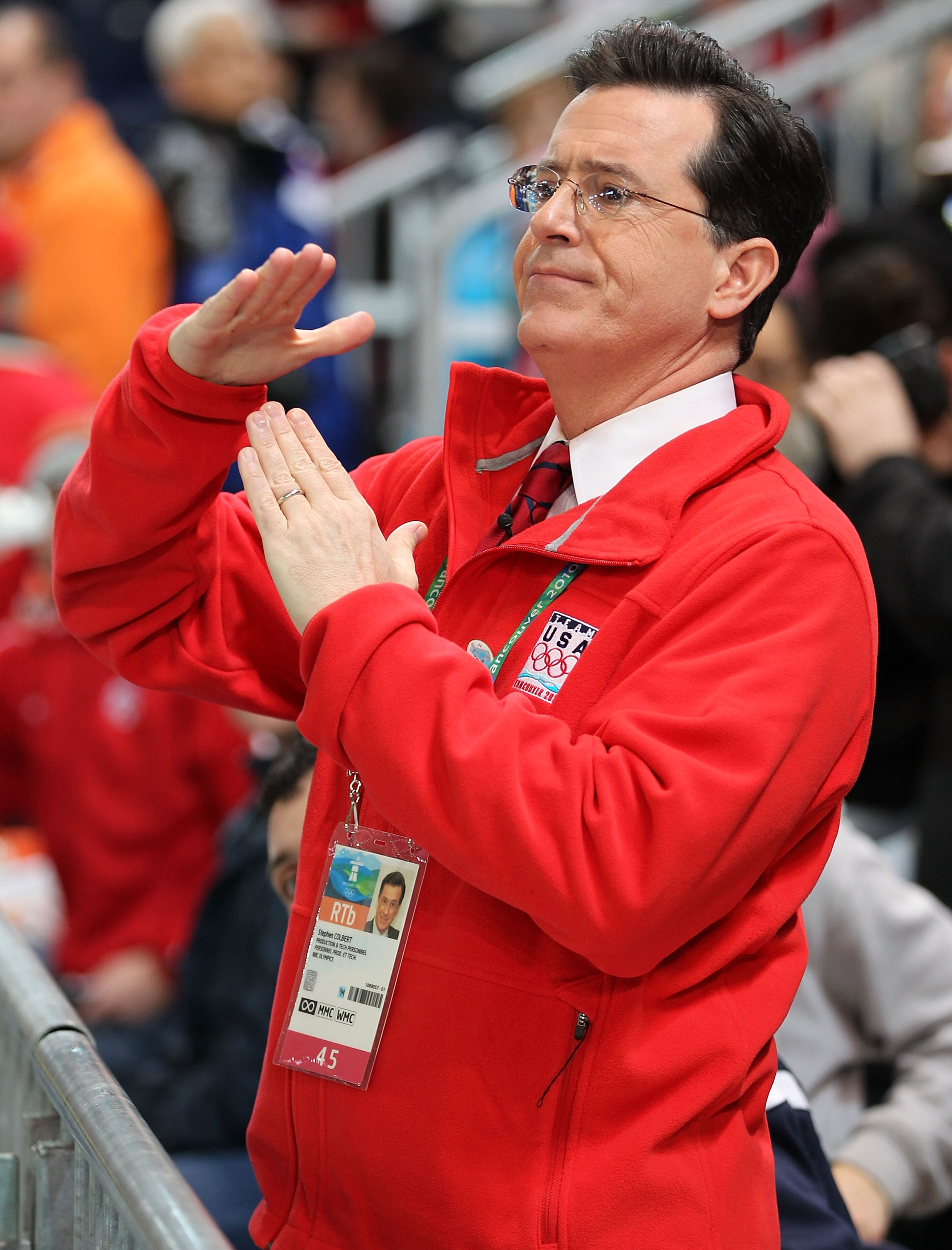 VANCOUVER, BC - FEBRUARY 17:  Stephen Colbert, host of the Colbert Report, calls for time-out at the Richmond Olympic Oval prior to the start of the men's speed skating 1000 m finals on day six of the Vancouver 2010 Winter Olympics on February 17, 2010 in