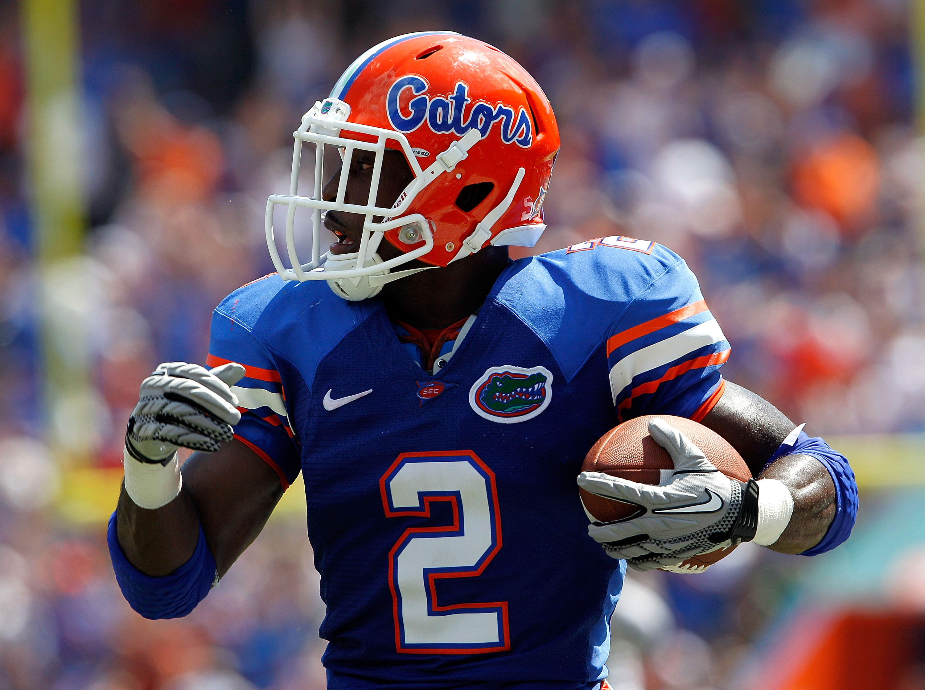 GAINESVILLE, FL - SEPTEMBER 11:  Jeffery Demps #2 of the Florida Gators runs for yardage against the South Florida Bulls during a game at Ben Hill Griffin Stadium on September 11, 2010 in Gainesville, Florida.  (Photo by Sam Greenwood/Getty Images)