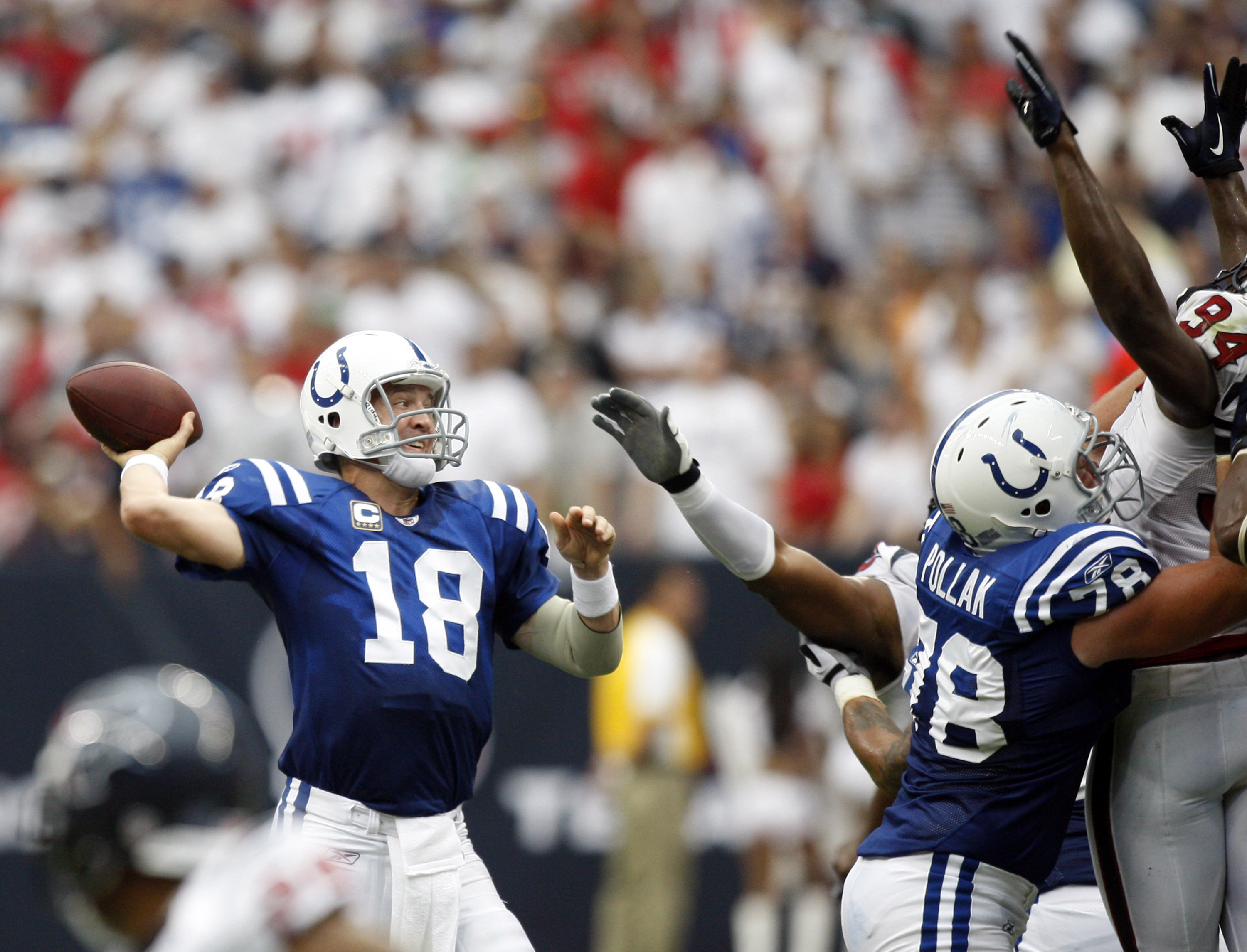 HOUSTON - SEPTEMBER 12:  Quarterback Peyton Manning #18 of the Indianapolis Colts throws downfield against the Houston Texans at Reliant Stadium on September 12, 2010 in Houston, Texas.  (Photo by Bob Levey/Getty Images)
