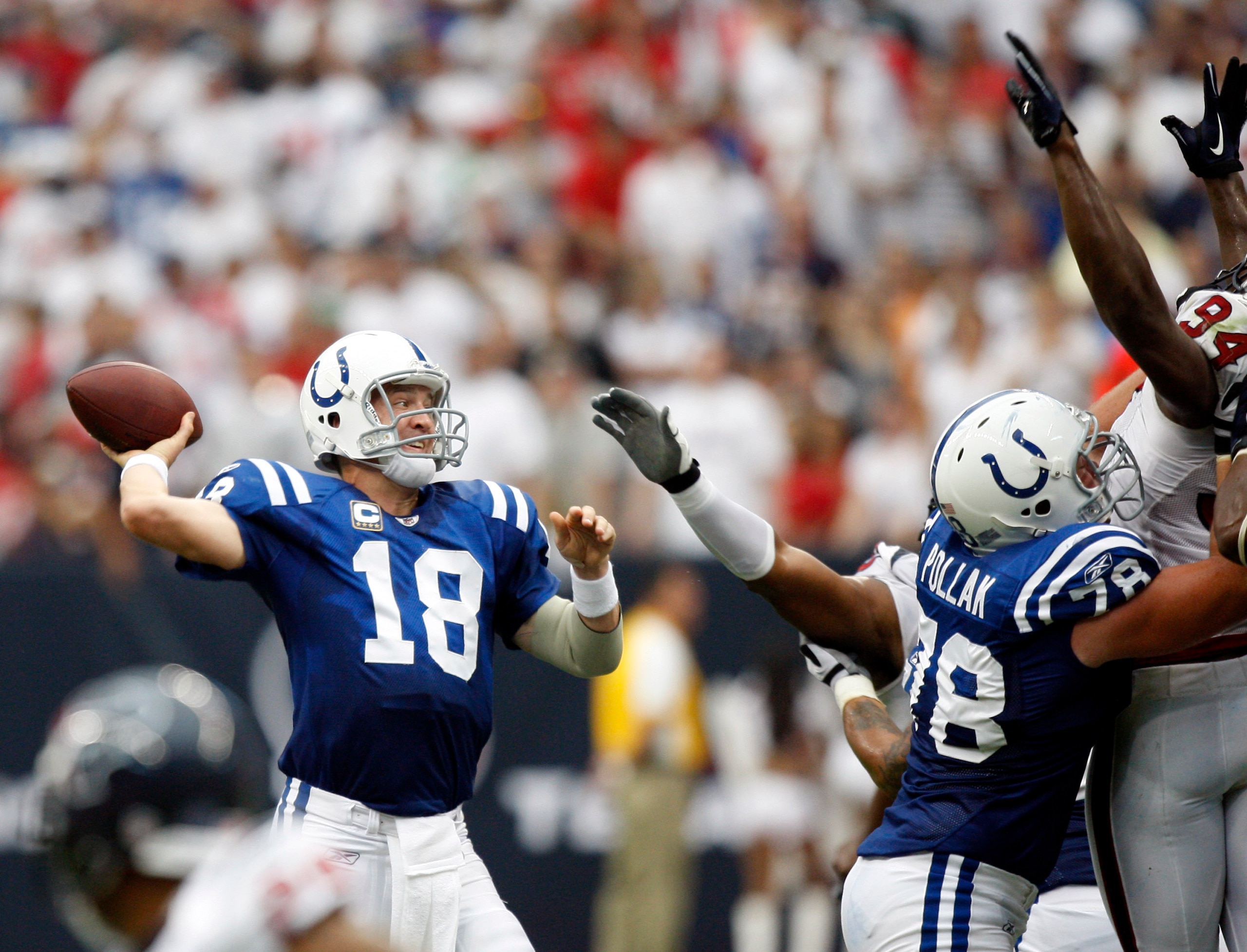 HOUSTON - SEPTEMBER 12:  Quarterback Peyton Manning #18 of the Indianapolis Colts throws downfield against the Houston Texans at Reliant Stadium on September 12, 2010 in Houston, Texas.  (Photo by Bob Levey/Getty Images)