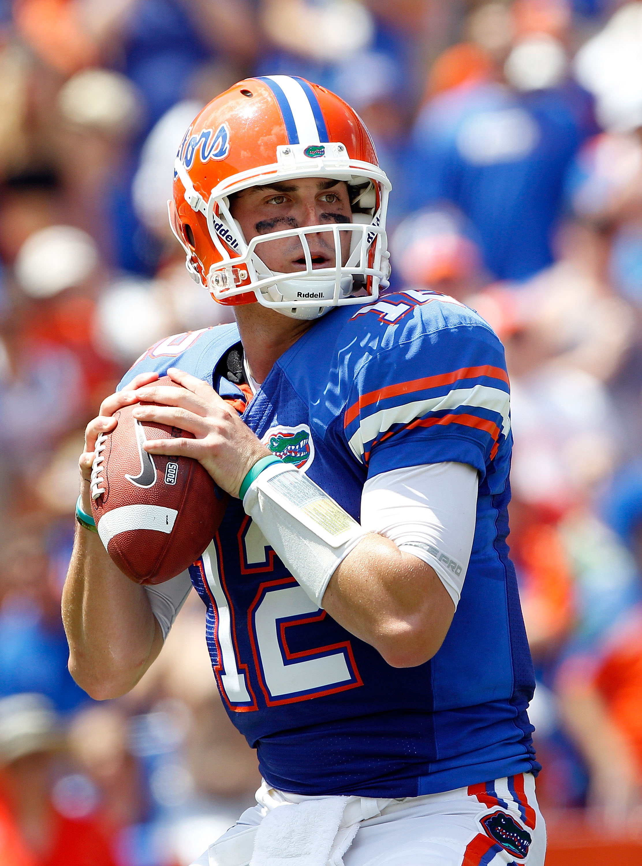 GAINESVILLE, FL - SEPTEMBER 11:  Quarterback John Brantley #12 of the Florida Gators attempts a pass during a game against the South Florida Bulls at Ben Hill Griffin Stadium on September 11, 2010 in Gainesville, Florida.  (Photo by Sam Greenwood/Getty Im