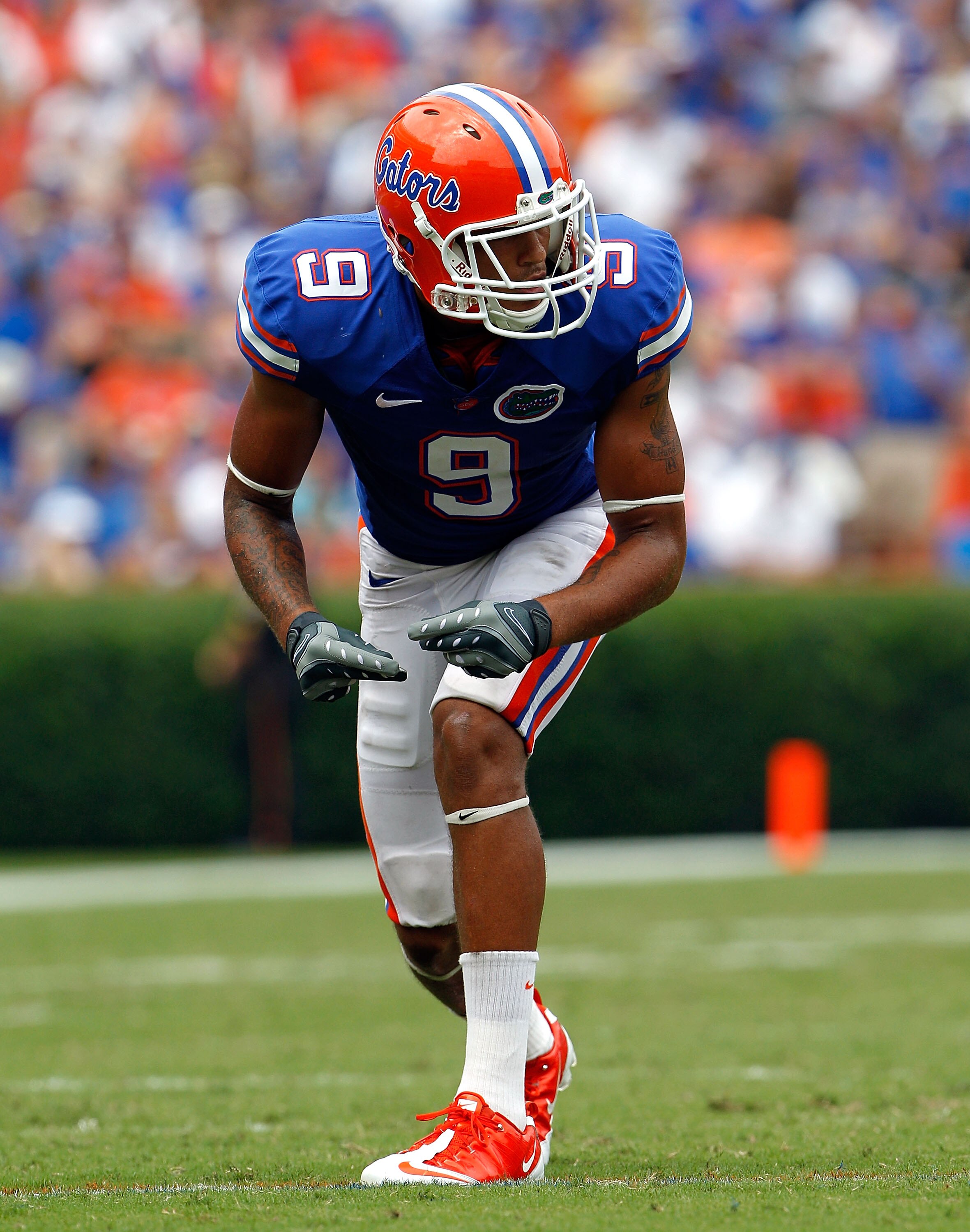 GAINESVILLE, FL - SEPTEMBER 04:  Receiver Carl Moore #9 of the Florida Gators prepares to run a pattern against the Miami University RedHawks at Ben Hill Griffin Stadium on September 4, 2010 in Gainesville, Florida.  (Photo by Sam Greenwood/Getty Images)