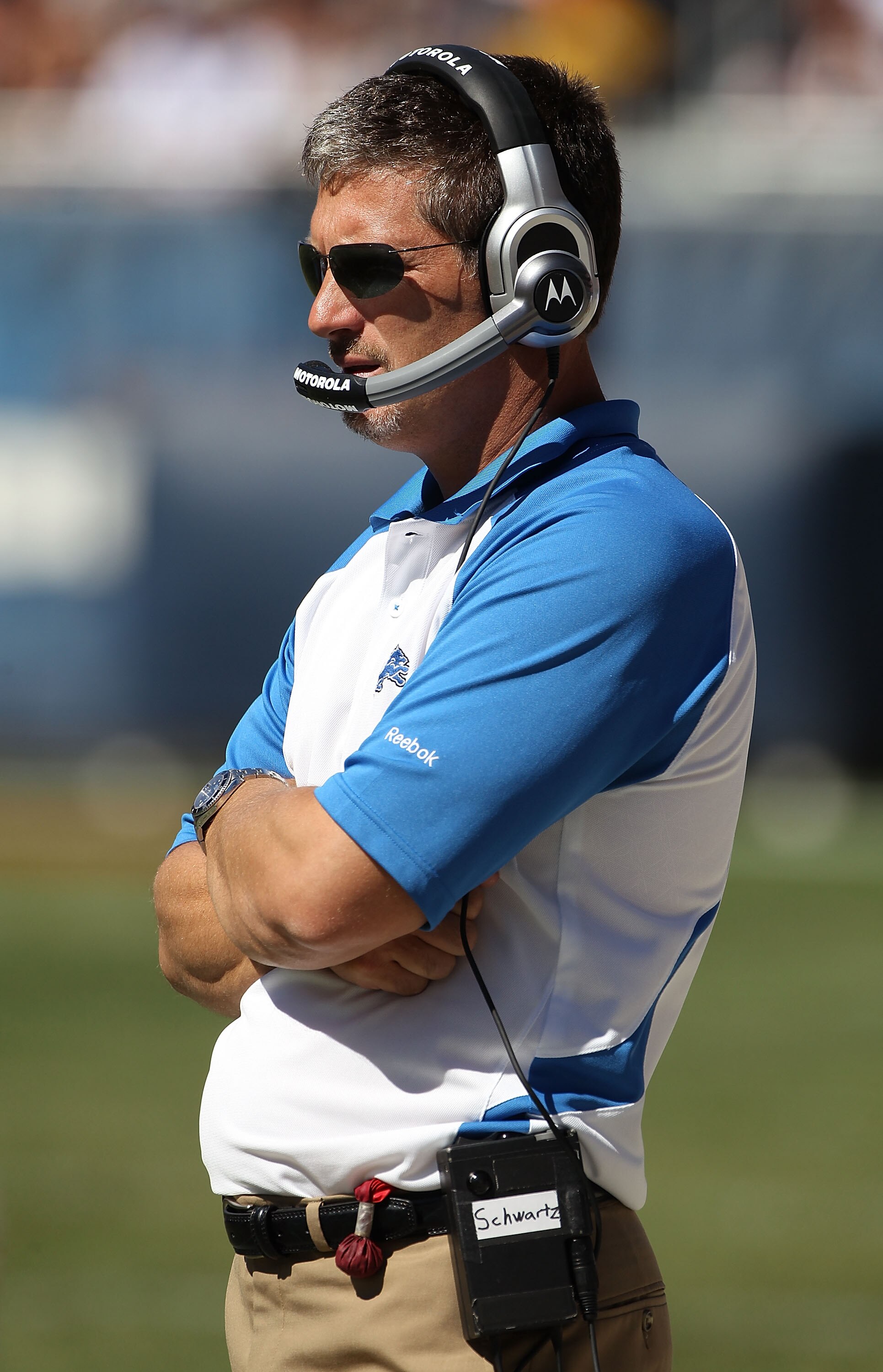 CHICAGO - SEPTEMBER 12: Head coach Jim Schwartz of the Detroit Lions watches as his team takes on the Chicago Bears during the NFL season opening game at Soldier Field on September 12, 2010 in Chicago, Illinois. The Bears defeated the Lions 19-14. (Photo