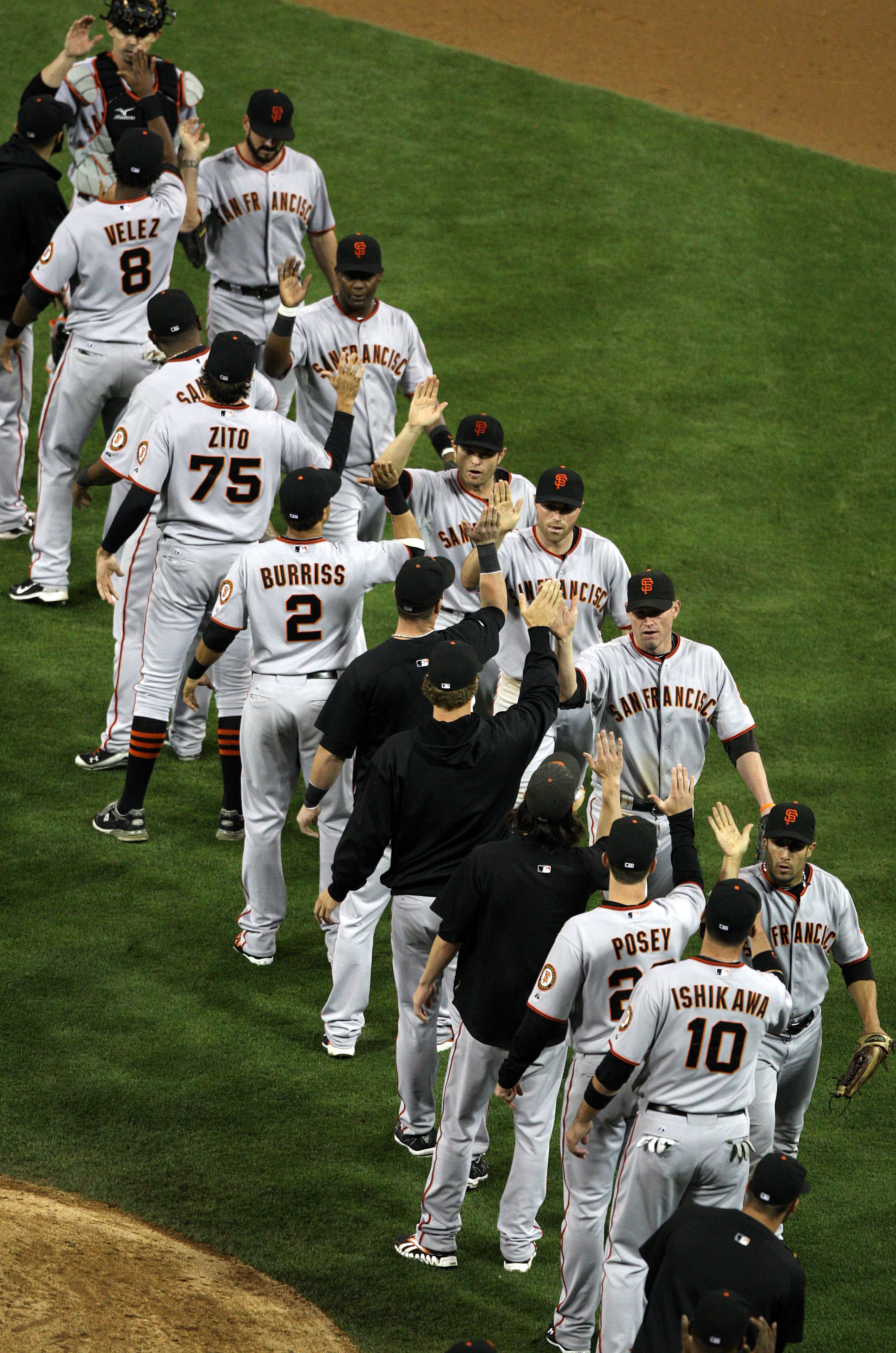 SAN DIEGO, CA - SEPTEMBER 10:  The San Francisco Giants celebrate their 1-0 win over San Diego Padres during their MLB game on September 10, 2010 at Petco Park in San Diego, California. The Giants won 1-0 and tied the race for the NL West with the Padres.