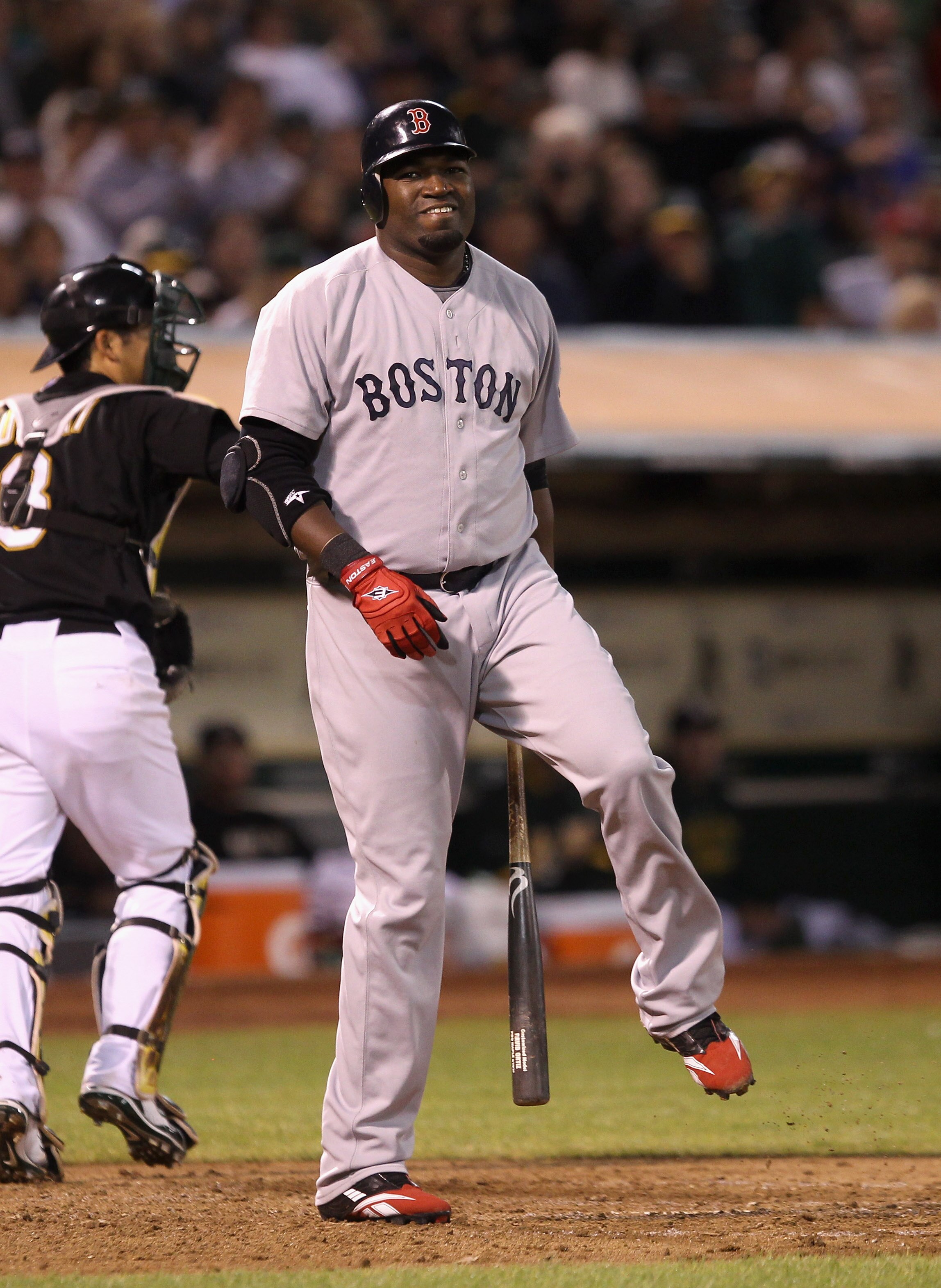OAKLAND, CA - SEPTEMBER 10:  David Ortiz #34 of the Boston Red Sox reacts after striking out in the sixth inning of their game against the Oakland Athletics at the Oakland-Alameda County Coliseum on September 10, 2010 in Oakland, California.  (Photo by Ez
