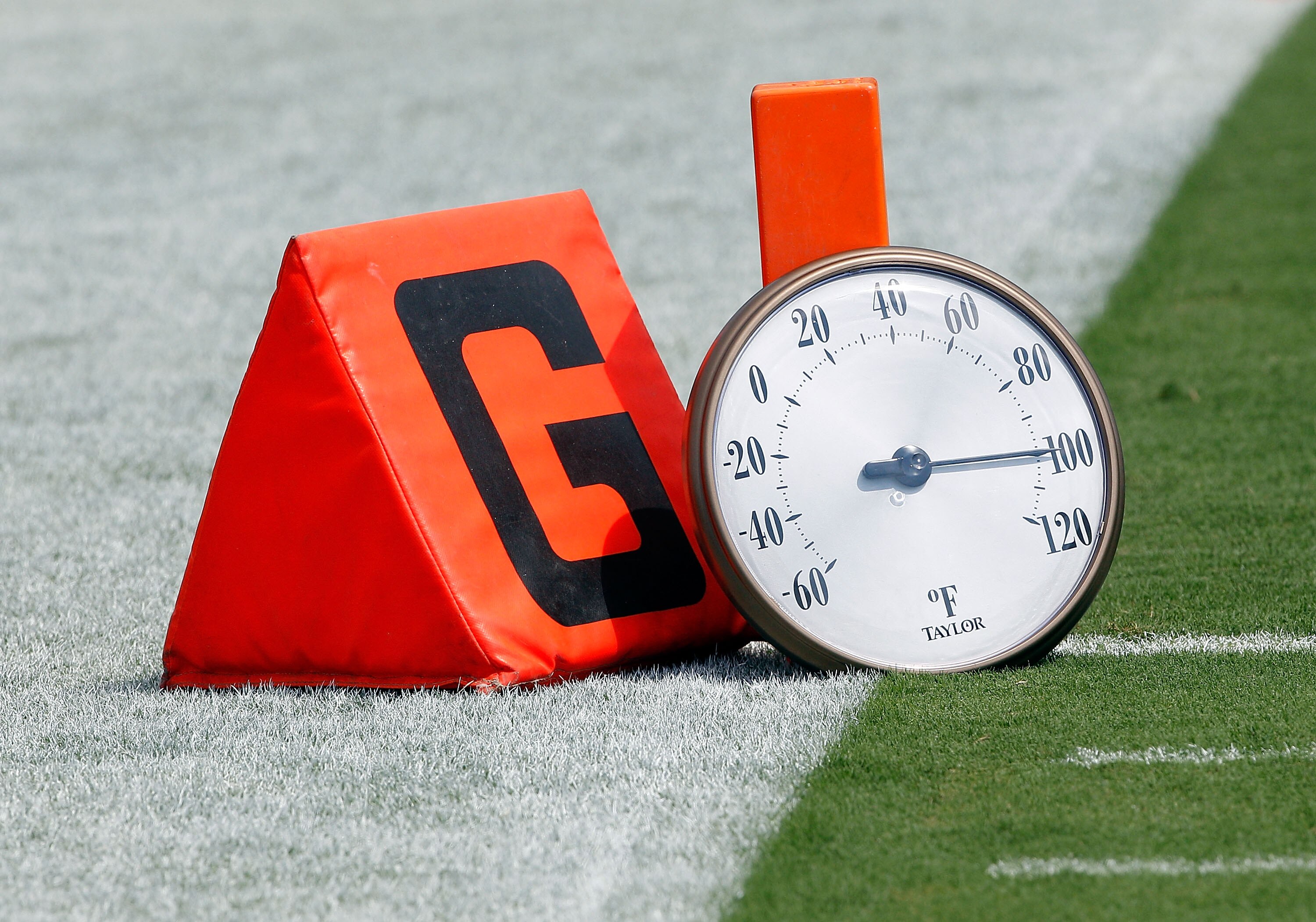 JACKSONVILLE, FL - SEPTEMBER 12:  A thermometer rests on the field during the NFL season opener game between the Denver Broncos and the Jacksonville Jaguars at EverBank Field on September 12, 2010 in Jacksonville, Florida.  (Photo by Sam Greenwood/Getty I
