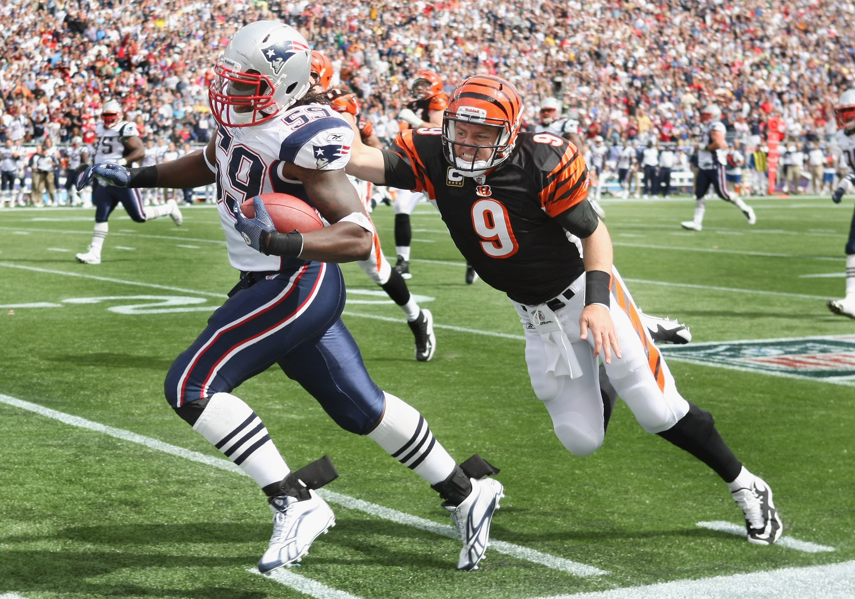 FOXBORO, MA - SEPTEMBER 12:  Gary Guyton #59 of the New England Patriots carries the ball in for a touchdown as Carson Palmer #9 of the Cincinnati Bengals tries to tackle during the NFL season opener on September 12, 2010 at Gillette Stadium in Foxboro, M