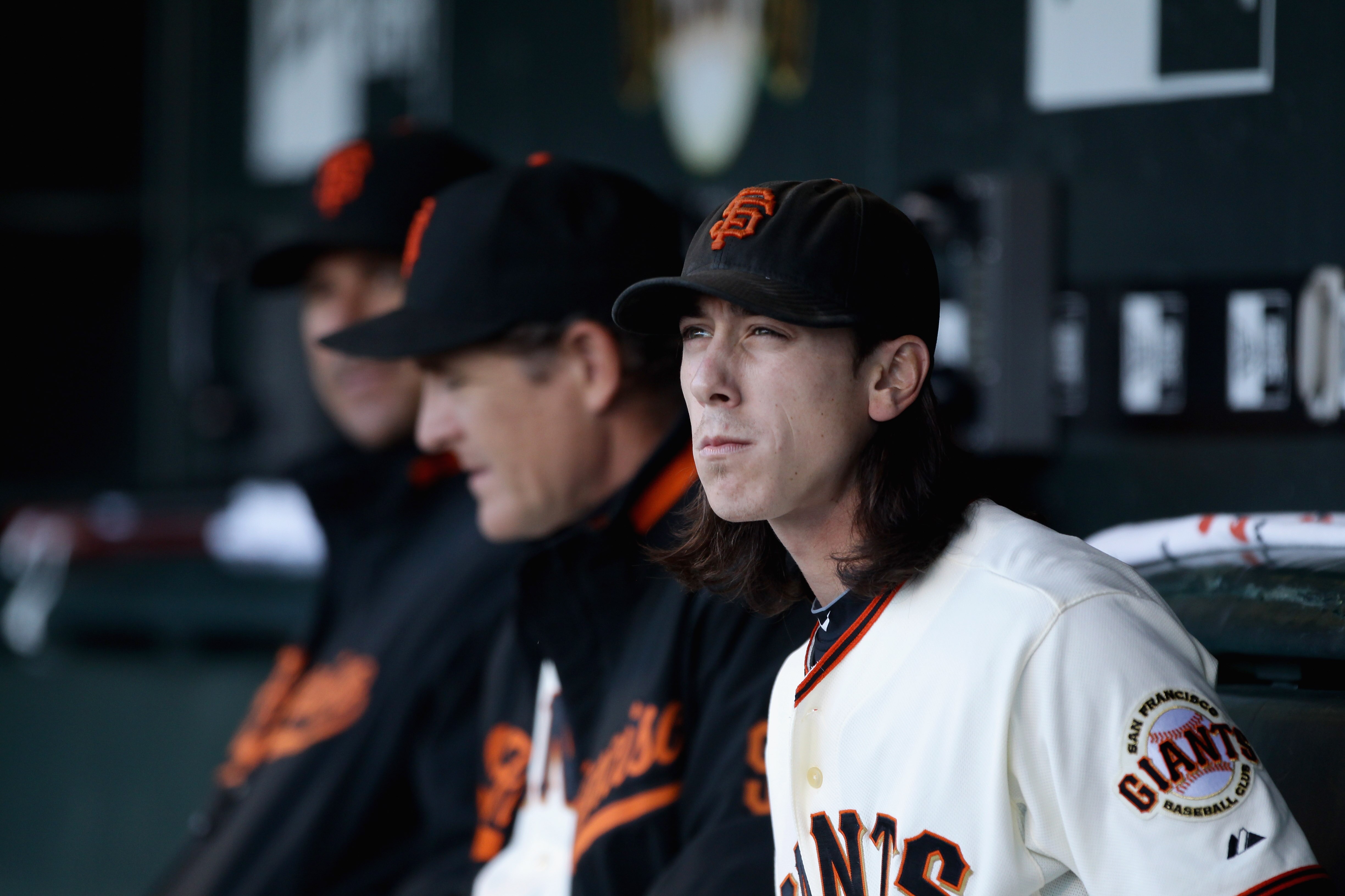 SAN FRANCISCO - JULY 15:  Tim Lincecum #55 of the San Francisco Giants sits in the dugout before their game against the New York Mets in the second inning at AT&T Park on July 15, 2010 in San Francisco, California.  (Photo by Ezra Shaw/Getty Images)