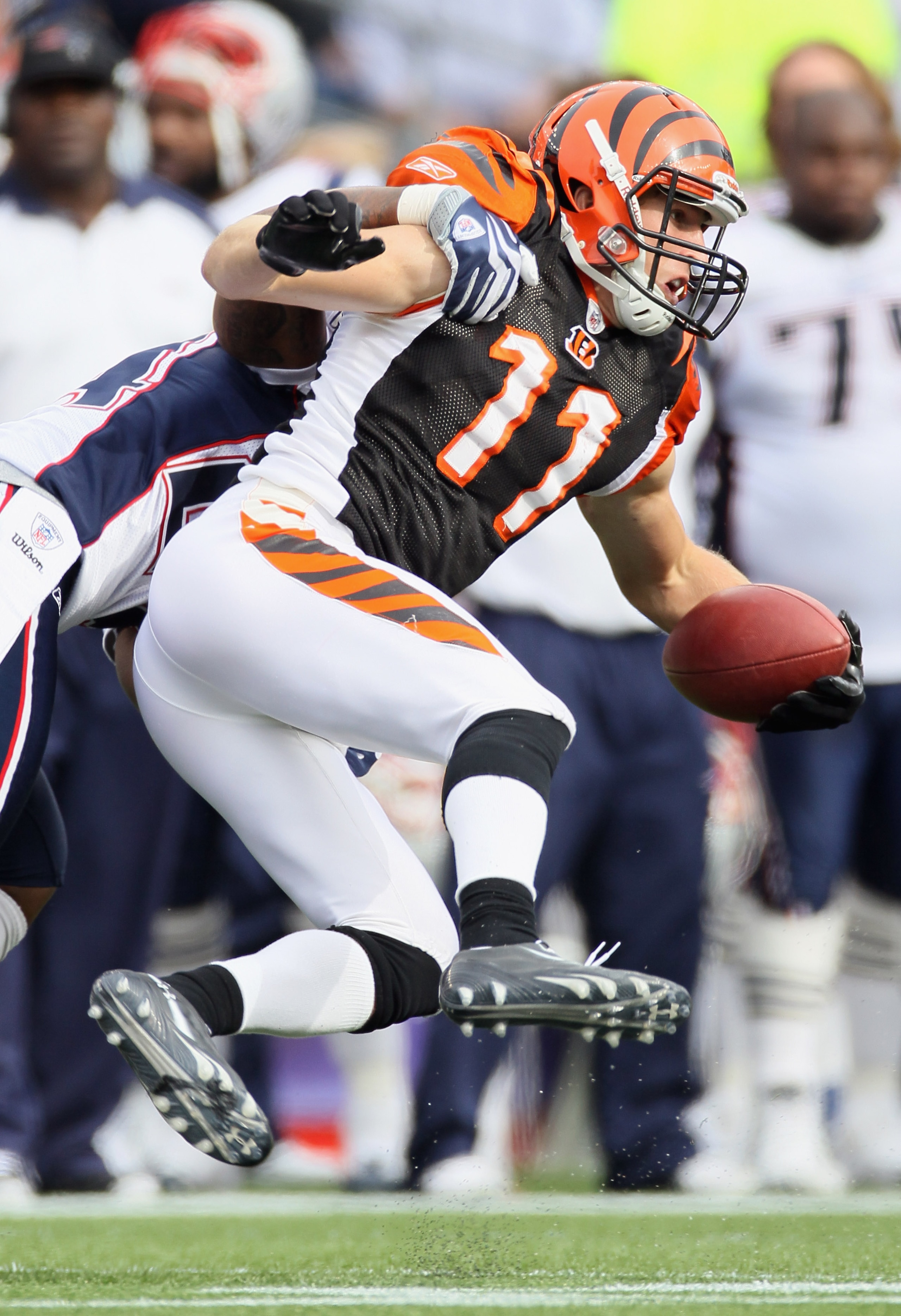 FOXBORO, MA - SEPTEMBER 12:  Jordan Shipley #11 of the Cincinnati Bengals makes the catch in the fourth quarter against the New England Patriots during the NFL season opener on September 12, 2010 at Gillette Stadium in Foxboro, Massachusetts. The Patriots