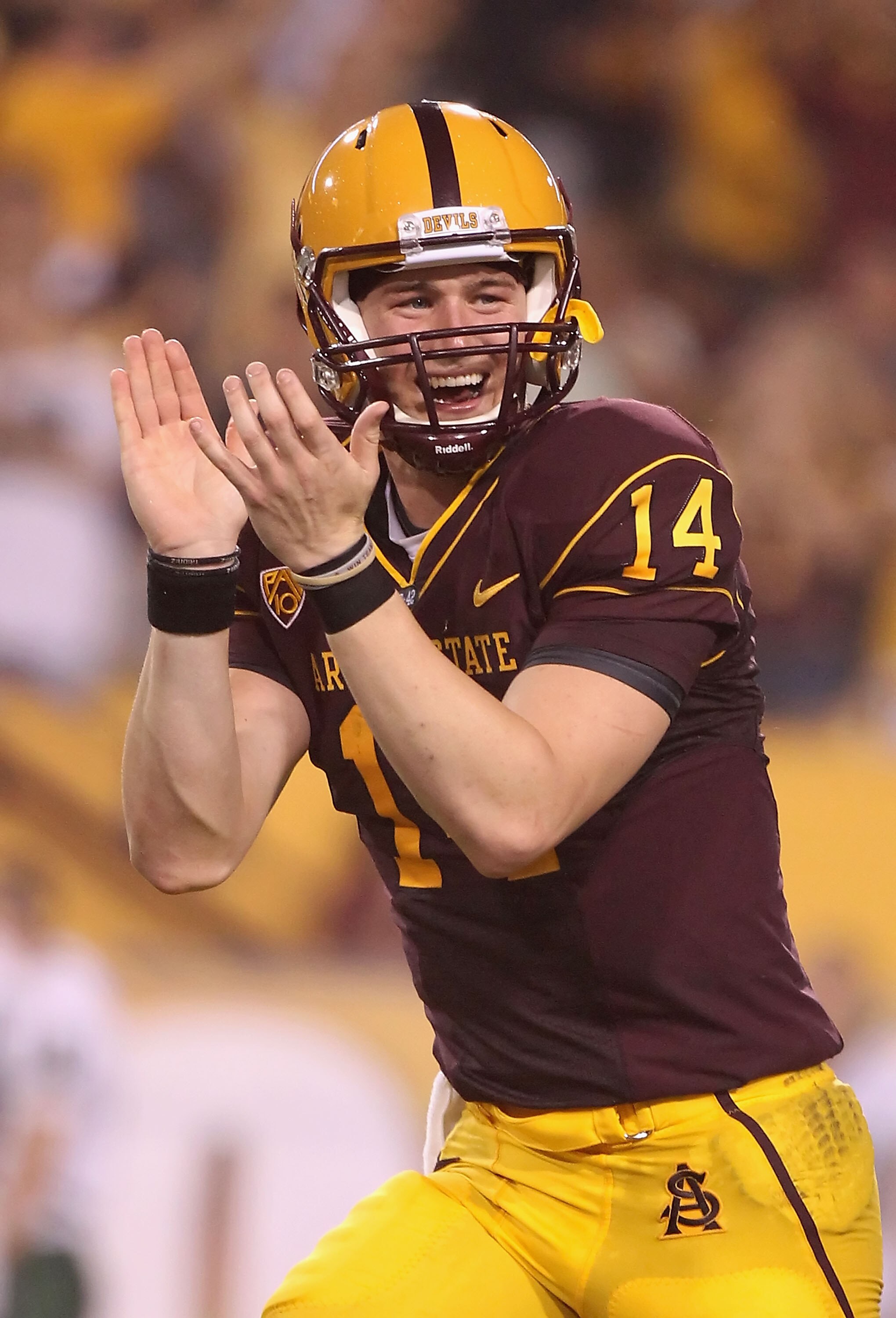 TEMPE, AZ - SEPTEMBER 04: Quarterback Steven Threet #14 of the Arizona State Sun Devils celebrates after throwing a 62 yard touchdown reception during the third quarter of the college football game against the Portland State Vikings at Sun Devil Stadium TEMPE, AZ - SEPTEMBER 04: Quarterback Steven Threet #14 of the Arizona State Sun Devils celebrates after throwing a 62 yard touchdown reception during the third quarter of the college football game against the Portland State Vikings at Sun Devil Stadium