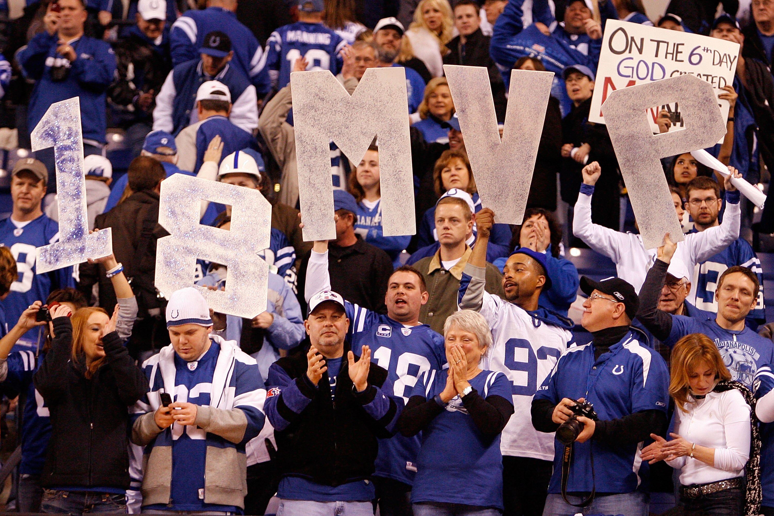 INDIANAPOLIS - JANUARY 16:  Fans of the Indianapolis Colts hold up a '18 MVP' sign in the fourth quarter against the Baltimore Ravens in the AFC Divisional Playoff Game at Lucas Oli Stadium on January 16, 2010 in Indianapolis, Indiana.  (Photo by Andy Lyo
