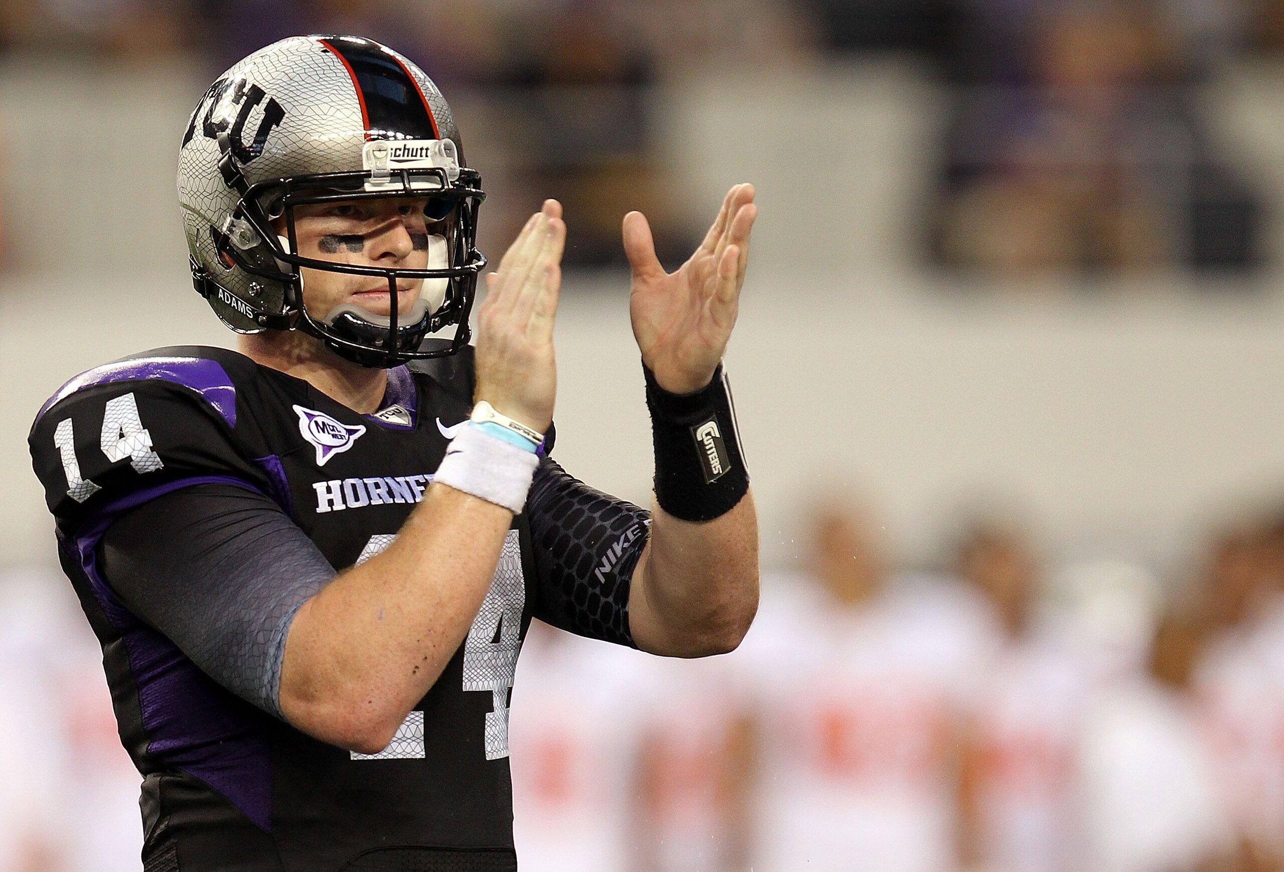 ARLINGTON, TX - SEPTEMBER 04:  Quarterback Andy Dalton #14 of the TCU Horned Frogs at Cowboys Stadium on September 4, 2010 in Arlington, Texas.  (Photo by Ronald Martinez/Getty Images)