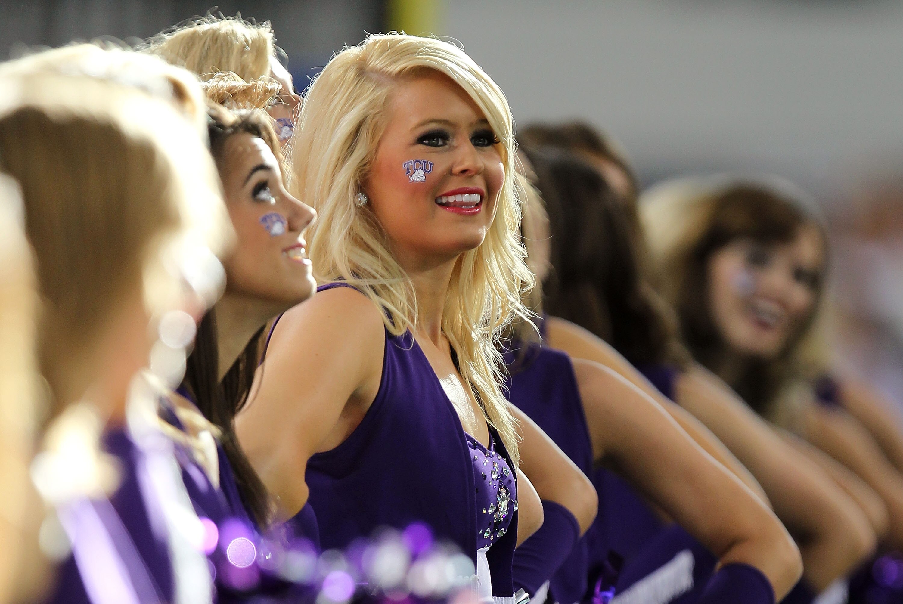 ARLINGTON, TX - SEPTEMBER 04:  A TCU Horned Frogs cheerleader during a game against the Oregon State Beavers at Cowboys Stadium on September 4, 2010 in Arlington, Texas.  (Photo by Ronald Martinez/Getty Images)