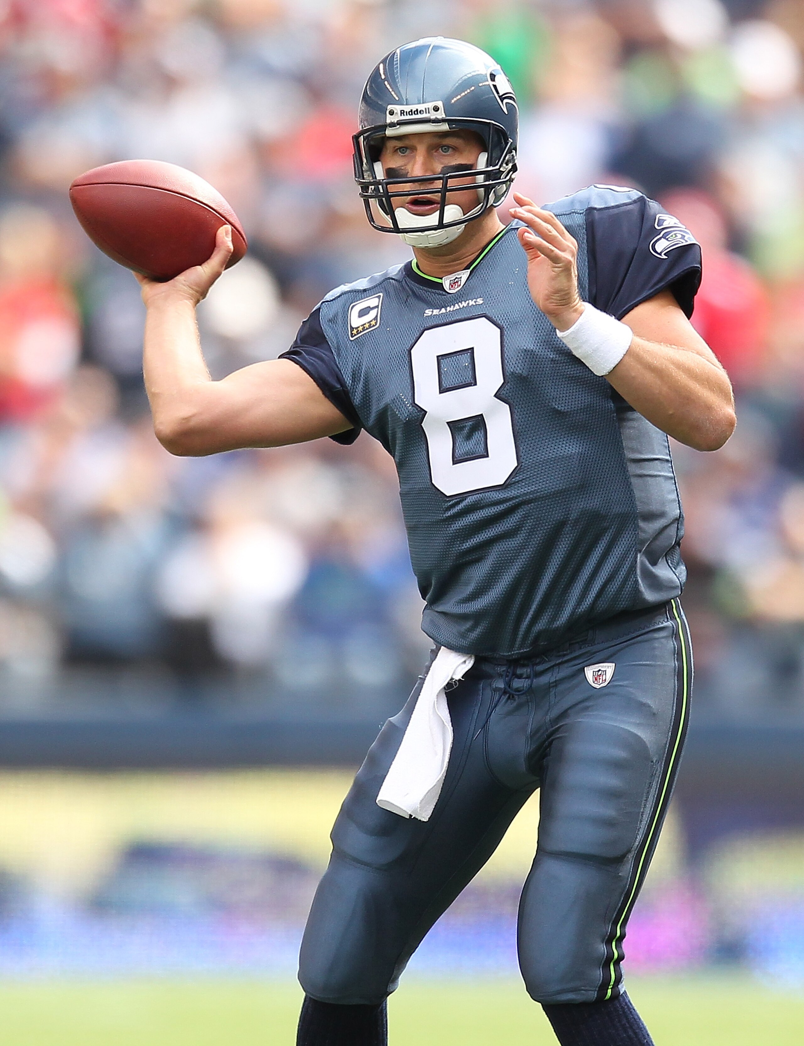 SEATTLE - SEPTEMBER 12:  Quarterback Matt Hasselbeck #8 of the Seattle Seahawks passes during the NFL season opener against the San Francisco 49ers at Qwest Field on September 12, 2010 in Seattle, Washington. The Seahawks defeated the 49ers 31-6. (Photo b