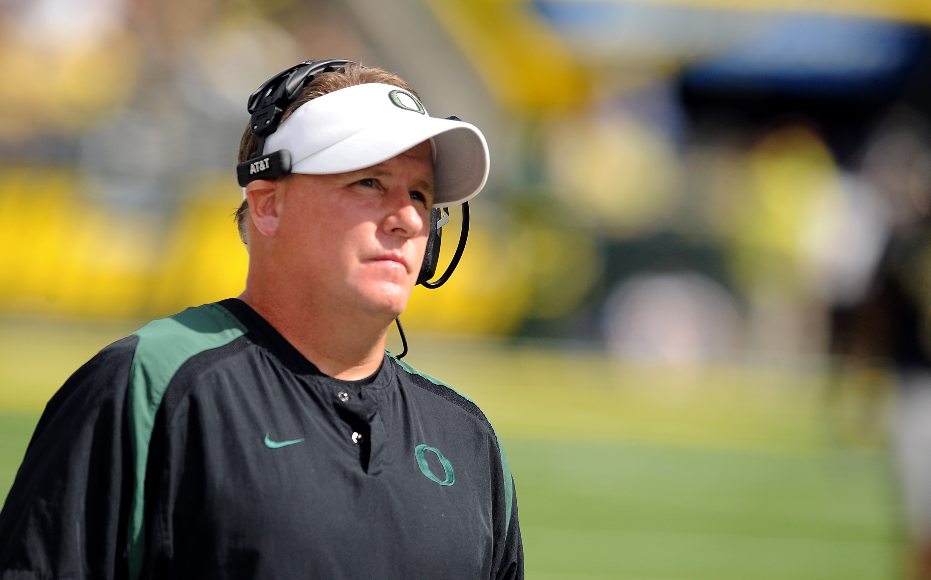 EUGENE, OR - SEPTEMBER 04:  Head coach Chip Kelly of the Oregon Ducks looks up at the video replay board in the second quarter of the game against the New Mexico Lobos at Autzen Stadium on September 4, 2010 in Eugene, Oregon. Oregon won the game 72-0. (Ph
