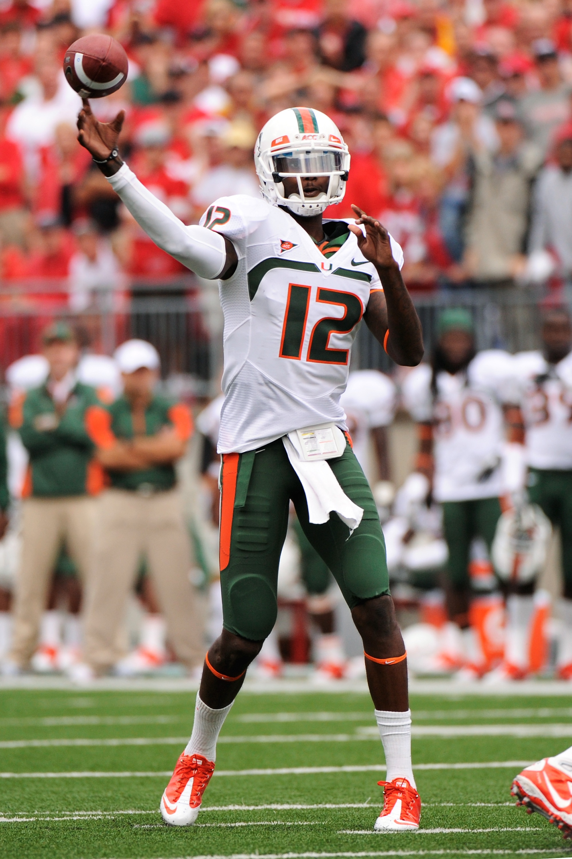 COLUMBUS, OH - SEPTEMBER 11:  Quarterback Jacory Harris #12 of the Miami Hurricanes attempts a pass against the Ohio State Buckeyes at Ohio Stadium on September 11, 2010 in Columbus, Ohio.  (Photo by Jamie Sabau/Getty Images)