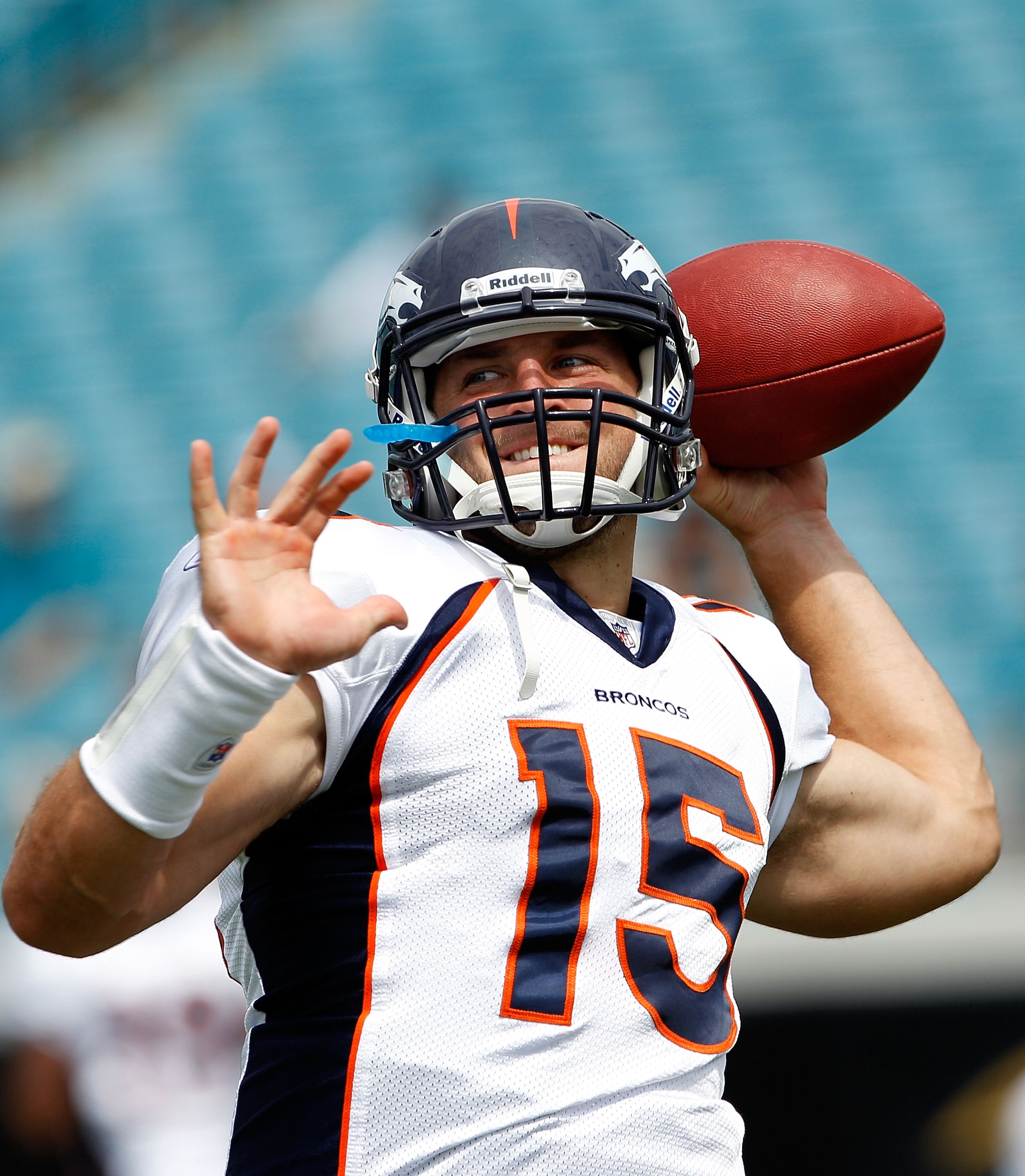 JACKSONVILLE, FL - SEPTEMBER 12:  Quarterback Tim Tebow #15 of the Denver Broncos practices prior to the NFL season opener game against the Jacksonville Jaguars at EverBank Field on September 12, 2010 in Jacksonville, Florida.  (Photo by Sam Greenwood/Get