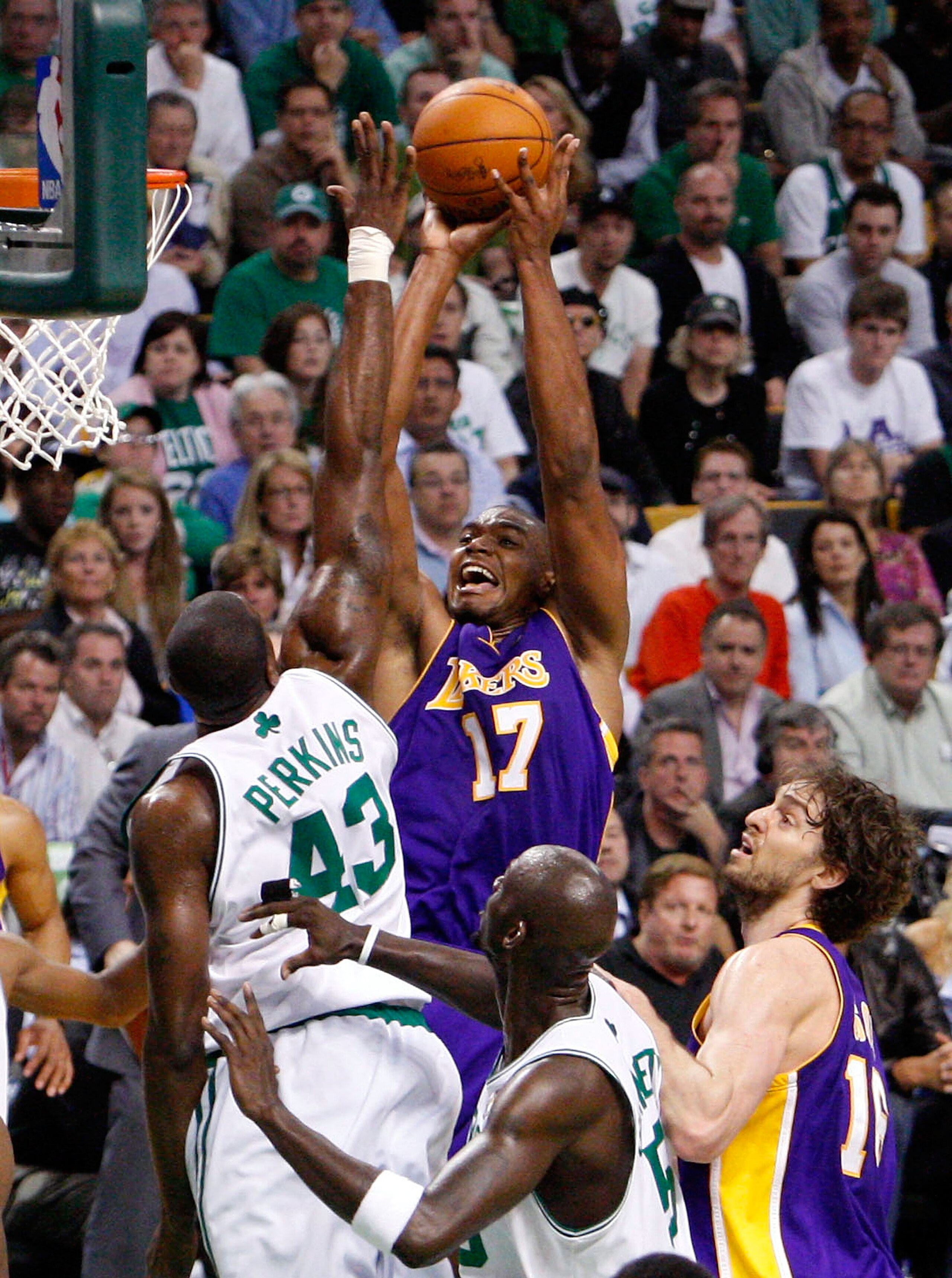 BOSTON - JUNE 08:  Andrew Bynum #17 of the Los Angeles Lakers goes up for a shot over Kendrick Perkins #43 of the Boston Celtics in Game Three of the 2010 NBA Finals on June 8, 2010 at TD Garden in Boston, Massachusetts. NOTE TO USER: User expressly ackno