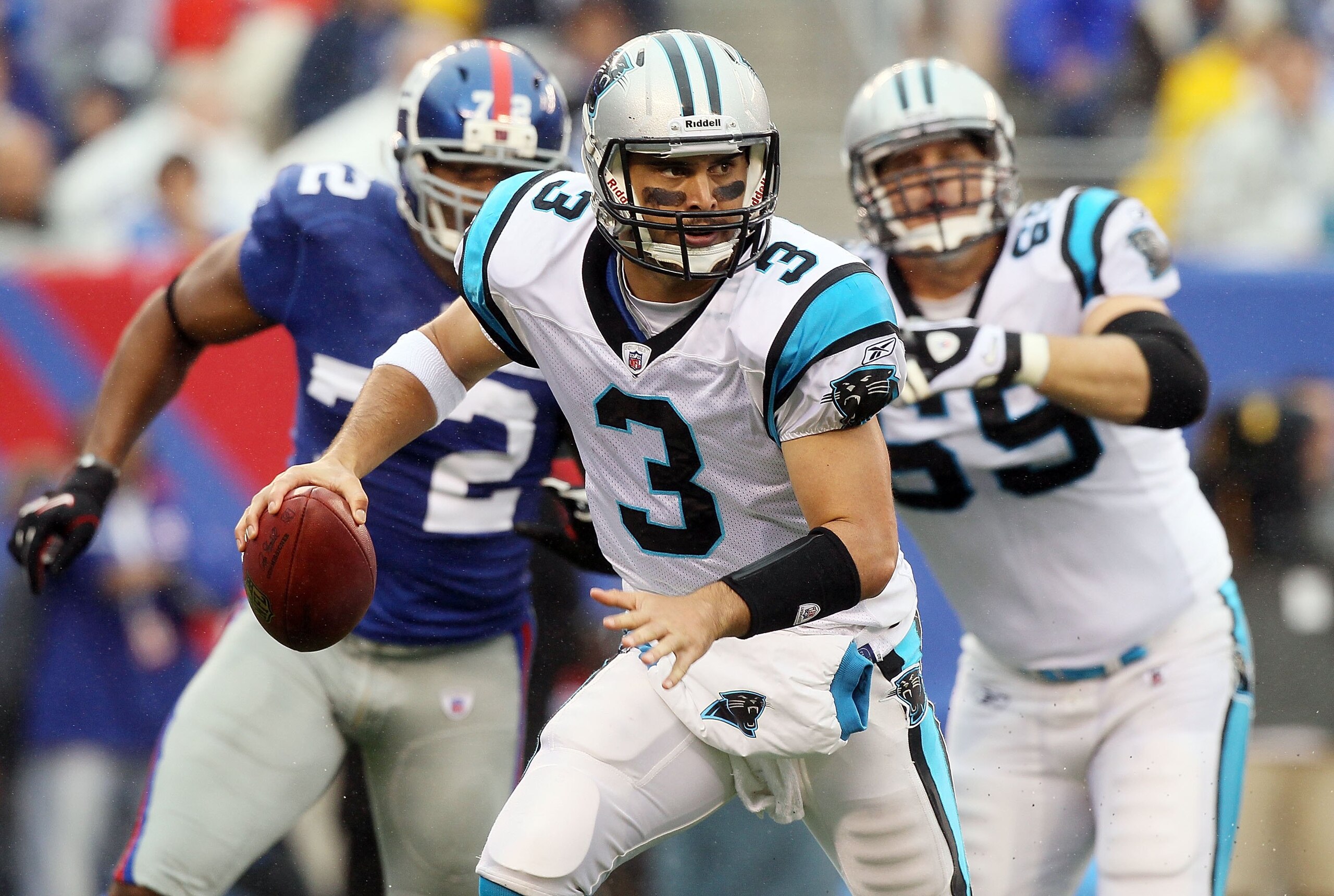 EAST RUTHERFORD, NJ - SEPTEMBER 12: Matt Moore #3 of the Carolina Panthers scrambles against the New York Giants on September 12, 2010 at the New Meadowlands Stadium in East Rutherford, New Jersey. (Photo by Jim McIsaac/Getty Images) EAST RUTHERFORD, NJ - SEPTEMBER 12: Matt Moore #3 of the Carolina Panthers scrambles against the New York Giants on September 12, 2010 at the New Meadowlands Stadium in East Rutherford, New Jersey. (Photo by Jim McIsaac/Getty Images)