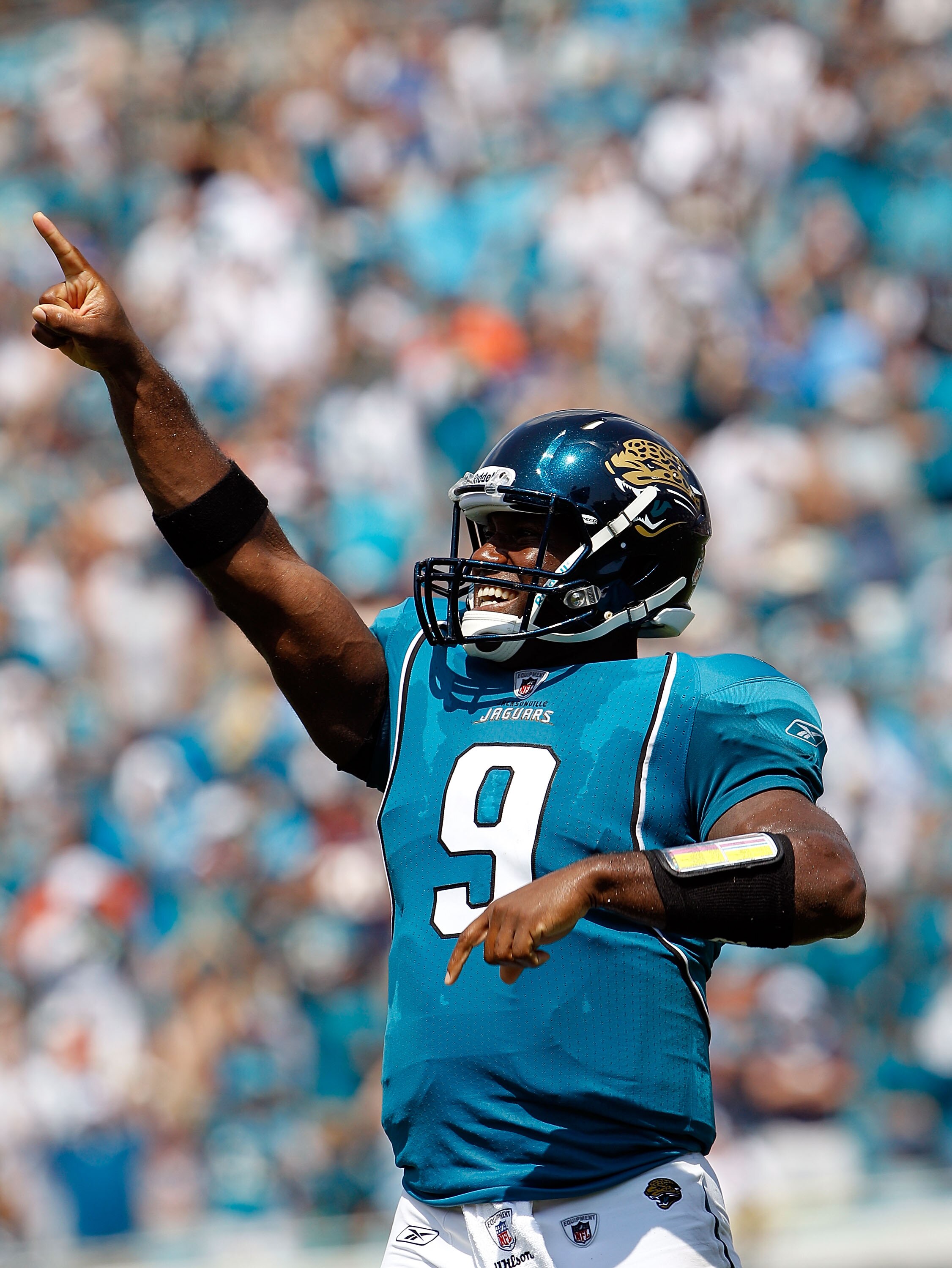 JACKSONVILLE, FL - SEPTEMBER 12:  Quarterback David Garrard #9 of the Jacksonville Jaguars celebrates following a touchdown pass during the NFL season opener game against the Denver Broncos at EverBank Field on September 12, 2010 in Jacksonville, Florida.