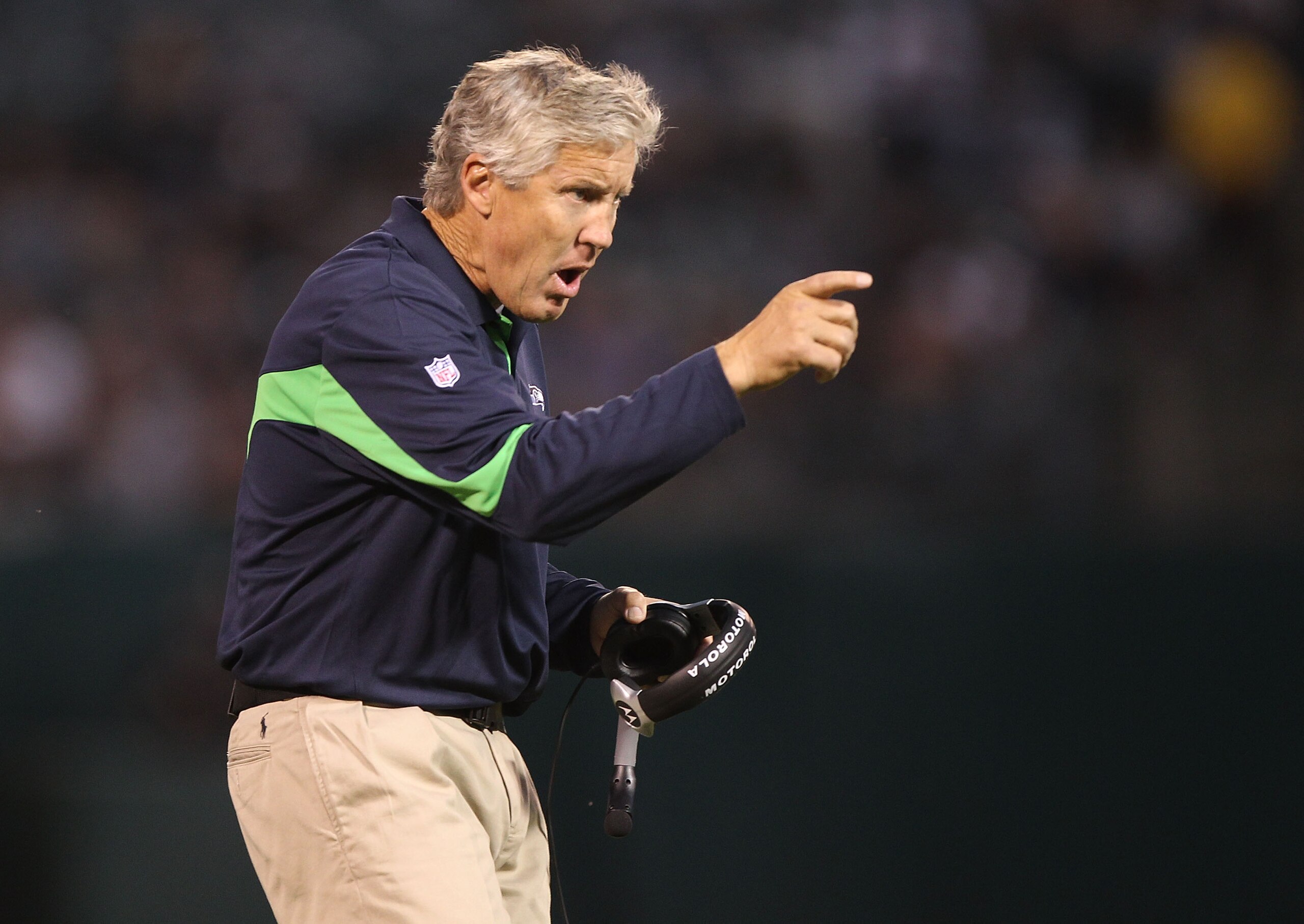 OAKLAND, CA - SEPTEMBER 02: Head coach Pete Carroll of the Seattle Seahawks looks on against the Oakland Raiders during an NFL preseason game at Oakland-Alameda County Coliseum on September 2, 2010 in Oakland, California. (Photo by Jed Jacobsohn/Getty I OAKLAND, CA - SEPTEMBER 02: Head coach Pete Carroll of the Seattle Seahawks looks on against the Oakland Raiders during an NFL preseason game at Oakland-Alameda County Coliseum on September 2, 2010 in Oakland, California. (Photo by Jed Jacobsohn/Getty I