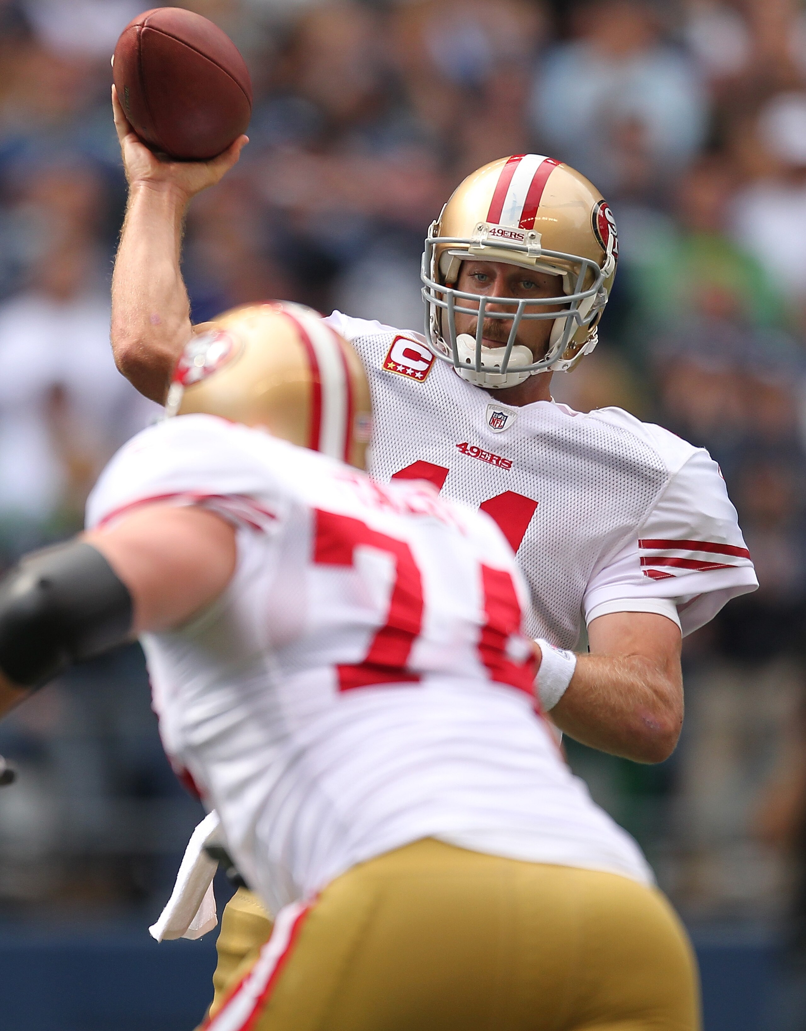 SEATTLE - SEPTEMBER 12: Quarterback Alex Smith #11 of the San Francisco 49ers passes during the NFL season opener against the Seattle Seahawks at Qwest Field on September 12, 2010 in Seattle, Washington. The Seahawks defeated the 49ers 31-6. (Photo by Ot SEATTLE - SEPTEMBER 12: Quarterback Alex Smith #11 of the San Francisco 49ers passes during the NFL season opener against the Seattle Seahawks at Qwest Field on September 12, 2010 in Seattle, Washington. The Seahawks defeated the 49ers 31-6. (Photo by Ot