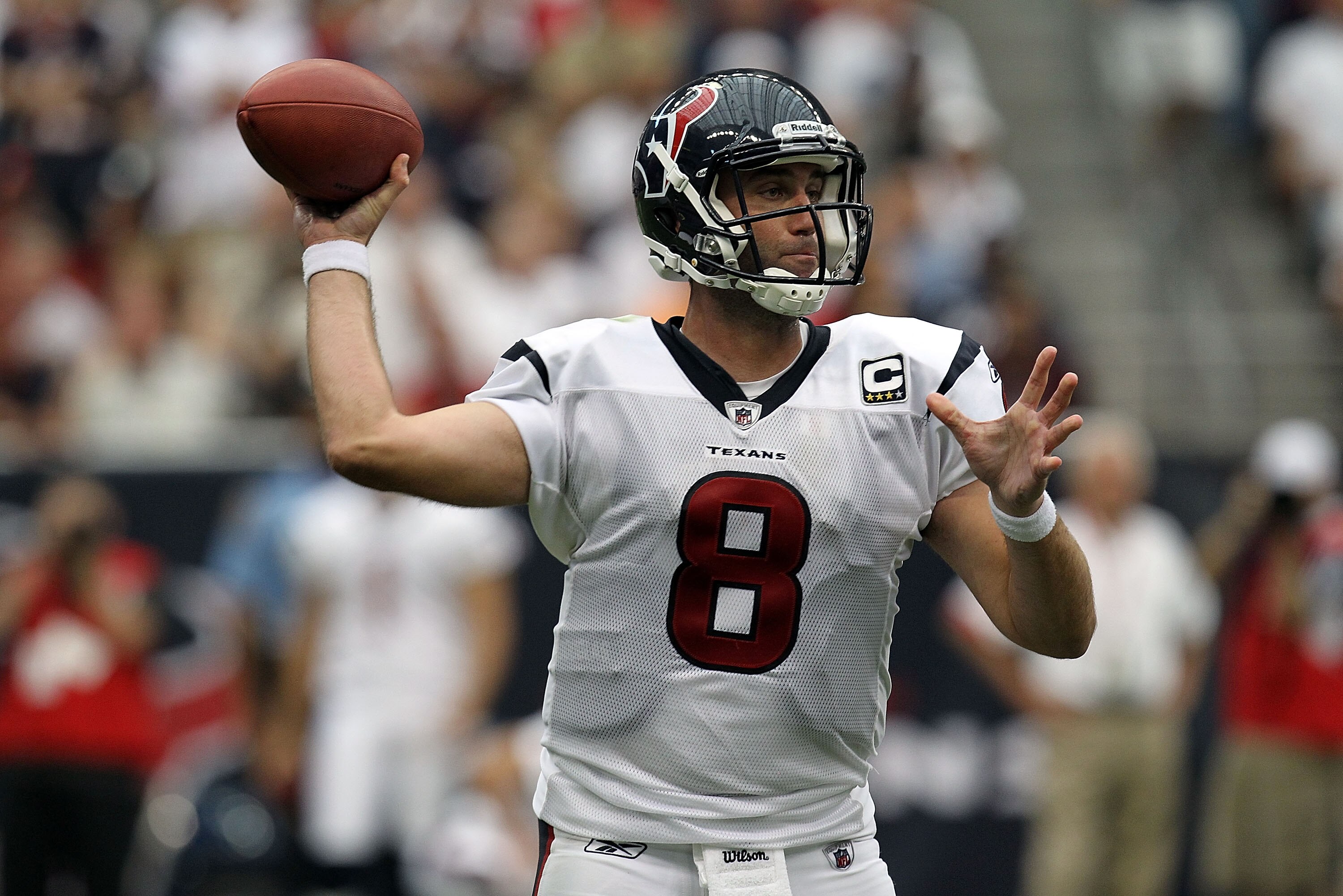 HOUSTON - SEPTEMBER 12:  Quarterback Matt Schaub #8 of the Houston Texans drops back to pass against the Indianapolis Colts during the NFL season opener at Reliant Stadium on September 12, 2010 in Houston, Texas.  (Photo by Ronald Martinez/Getty Images)