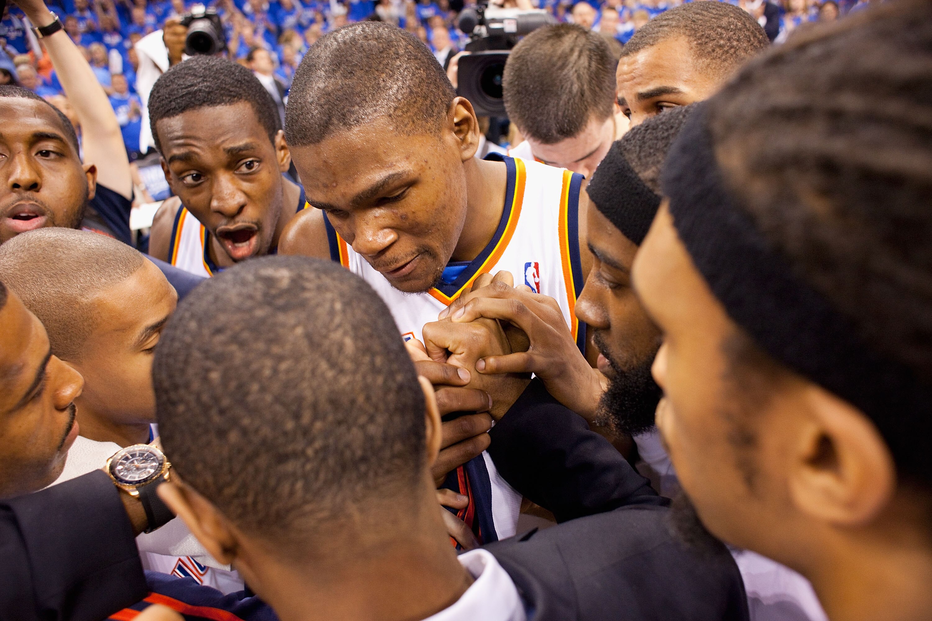 OKLAHOMA CITY - APRIL 30: Kevin Durant #35 of the Oklahoma City Thunder leads a post-game huddle after loosing to the Los Angeles Lakers during Game Six of the Western Conference Quarterfinals of the 2010 NBA Playoffs on April 30, 2010 at the Ford Center
