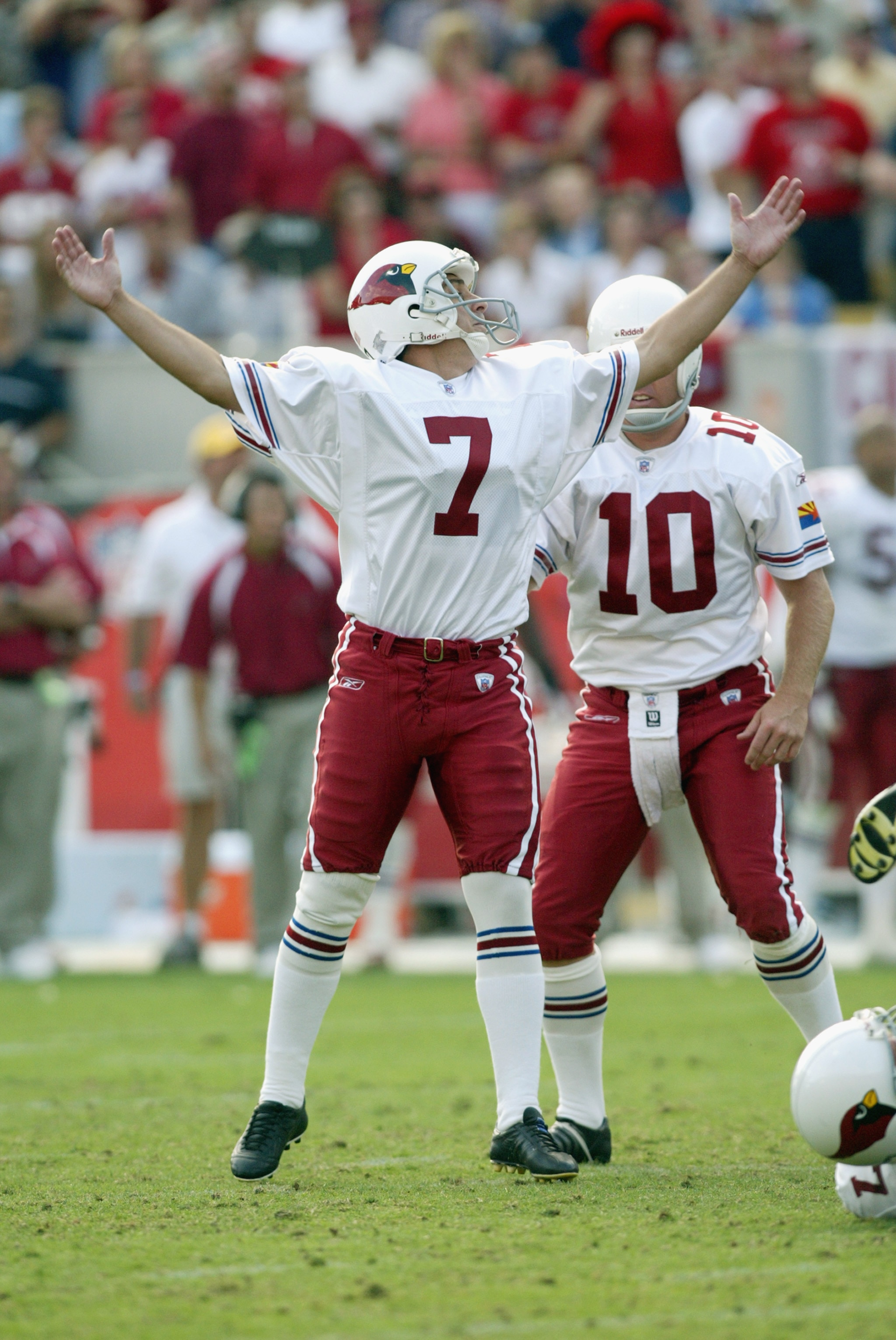 TEMPE, AZ - October 20: Kicker Bill Gramatica #7 of the Arizona Cardinals celebrates after kicking the game-winning field goal in overtime against the Dallas Cowboys at Sun Devil Stadium on October 20, 2002 in Tempe, Arizona. The Cardinals won the game 9-
