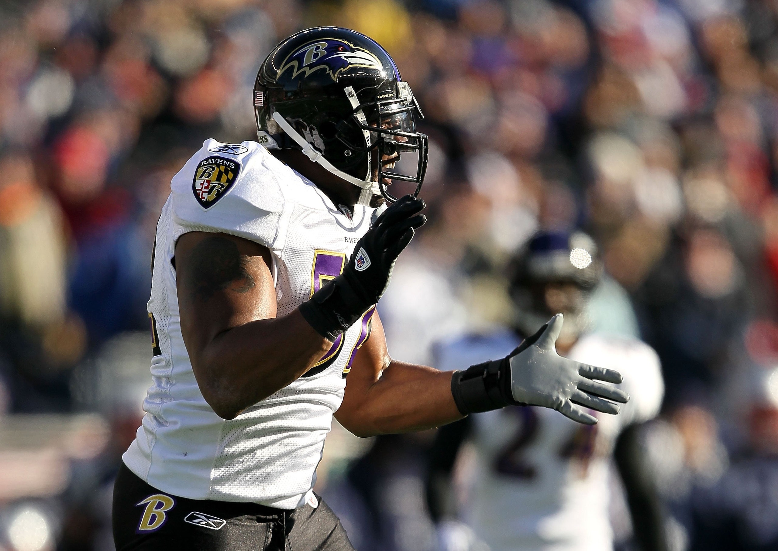 FOXBORO, MA - JANUARY 10:  Ray Lewis #52 of the Baltimore Ravens reacts after he recorded a sack against the New England Patriots during the 2010 AFC wild-card playoff game at Gillette Stadium on January 10, 2010 in Foxboro, Massachusetts. The Ravens won 
