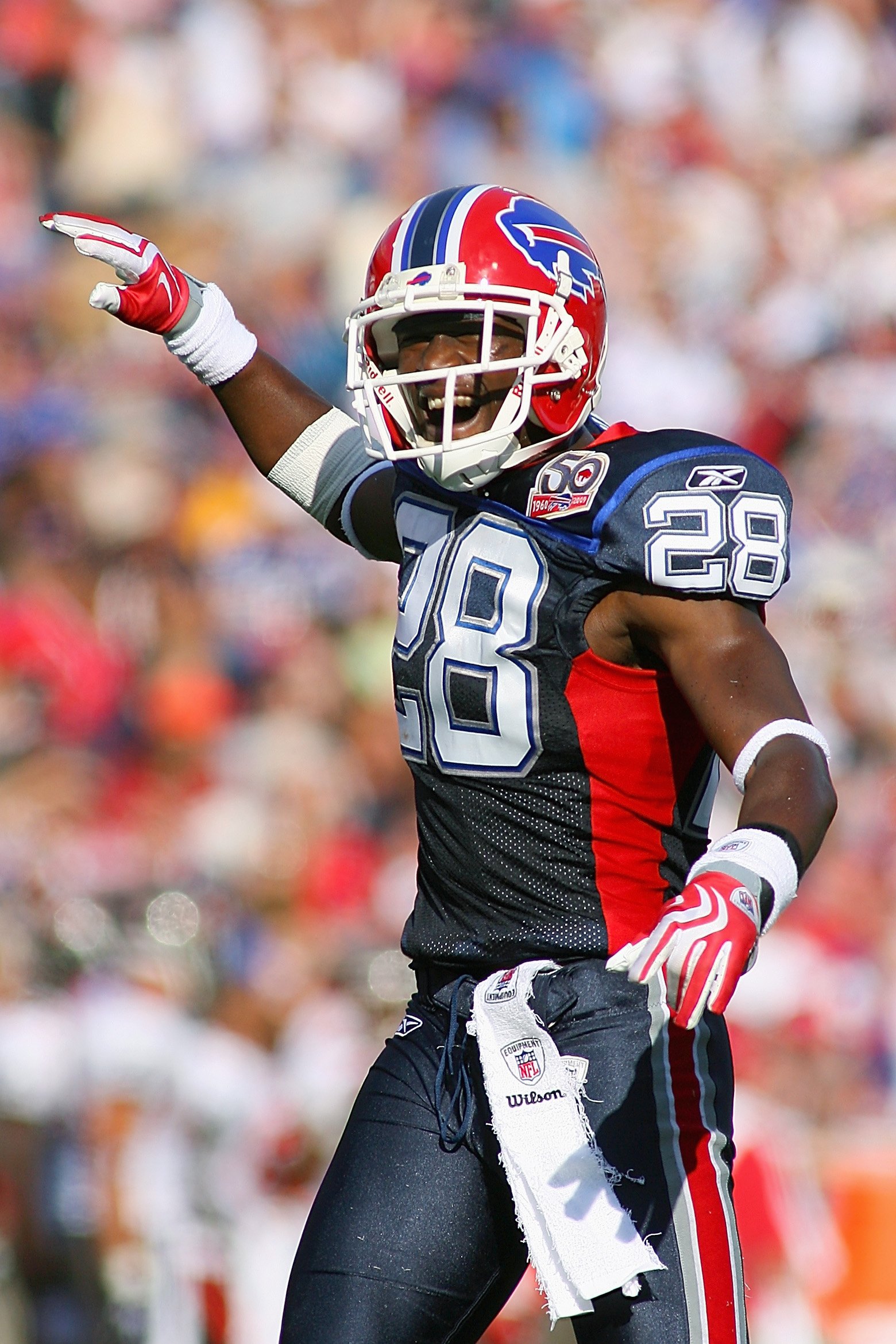 ORCHARD PARK, NY - SEPTEMBER 20:  Cornerback Leodis McKelvin #28 of the Buffalo Bills celebrates during the game against the Tampa Bay Buccaneers at Ralph Wilson Stadium on September 20, 2009 in Orchard Park, New York.  The Bills won 33-20.  (Photo by Ric