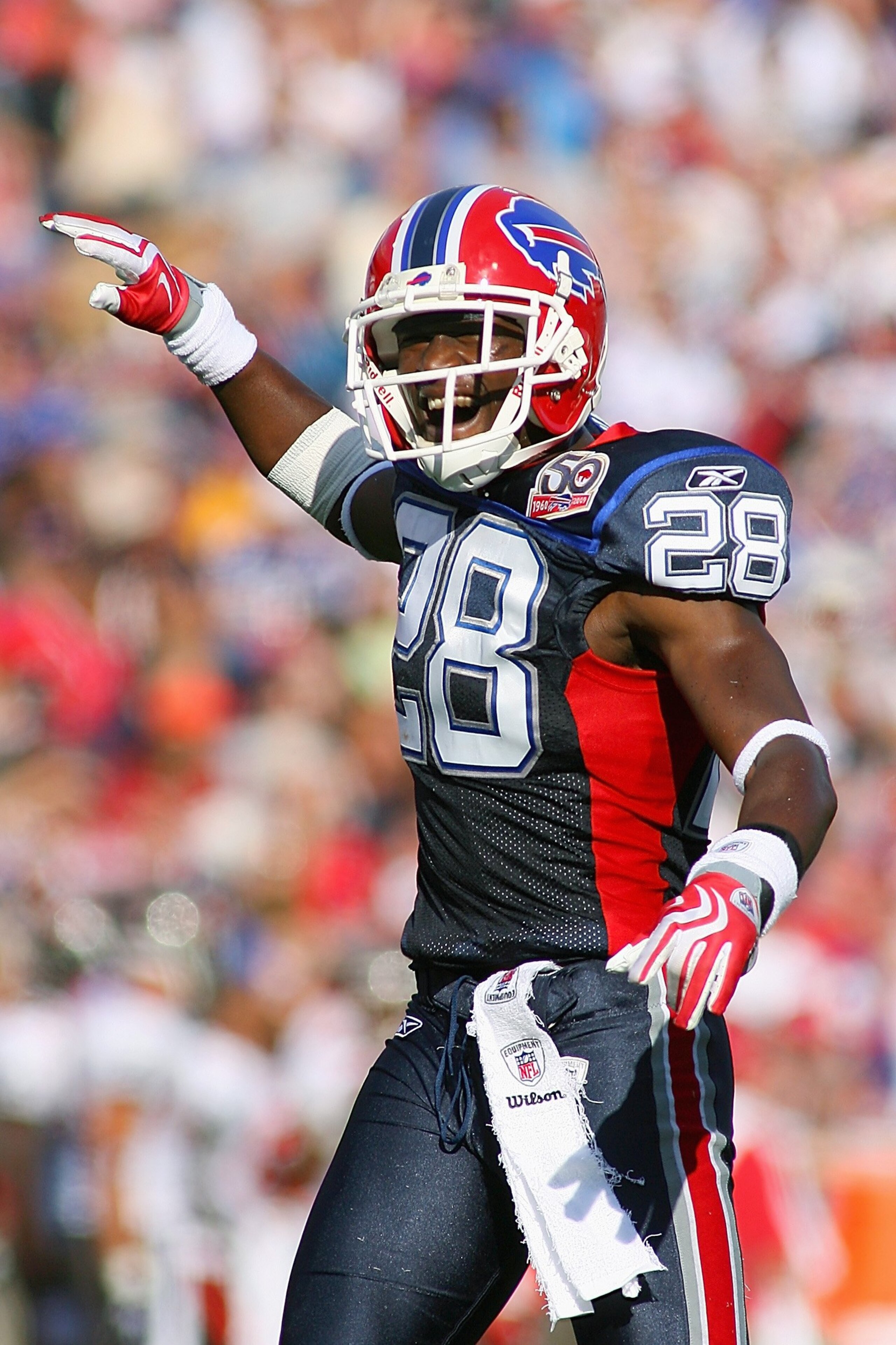ORCHARD PARK, NY - SEPTEMBER 20:  Cornerback Leodis McKelvin #28 of the Buffalo Bills celebrates during the game against the Tampa Bay Buccaneers at Ralph Wilson Stadium on September 20, 2009 in Orchard Park, New York.  The Bills won 33-20.  (Photo by Ric