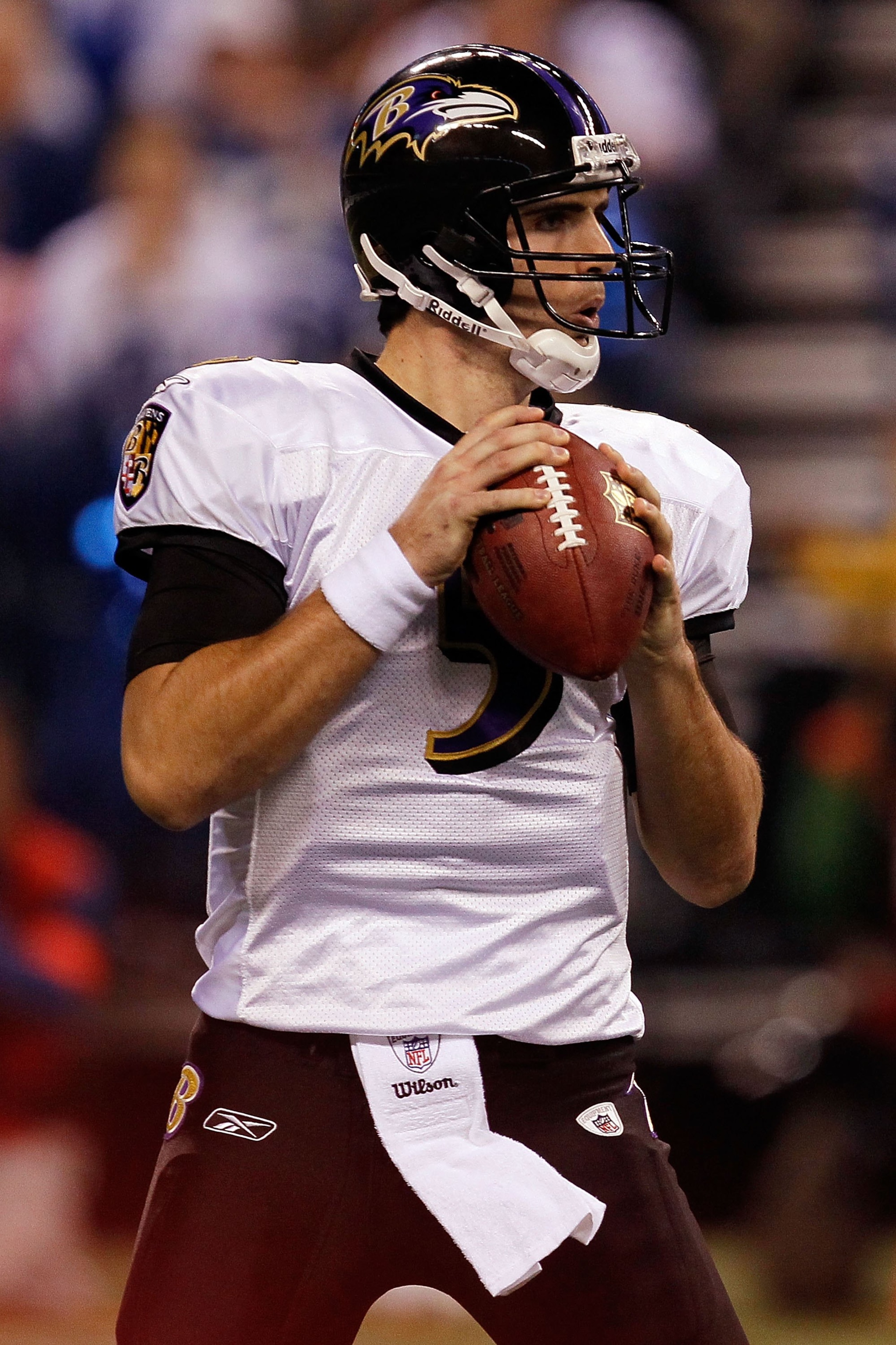 INDIANAPOLIS - JANUARY 16:  Quarterback Joe Flacco #5 of the Baltimore Ravens throws the ball against the Indianapolis Colts in the AFC Divisional Playoff Game at Lucas Oli Stadium on January 16, 2010 in Indianapolis, Indiana.  (Photo by Jonathan Daniel/G