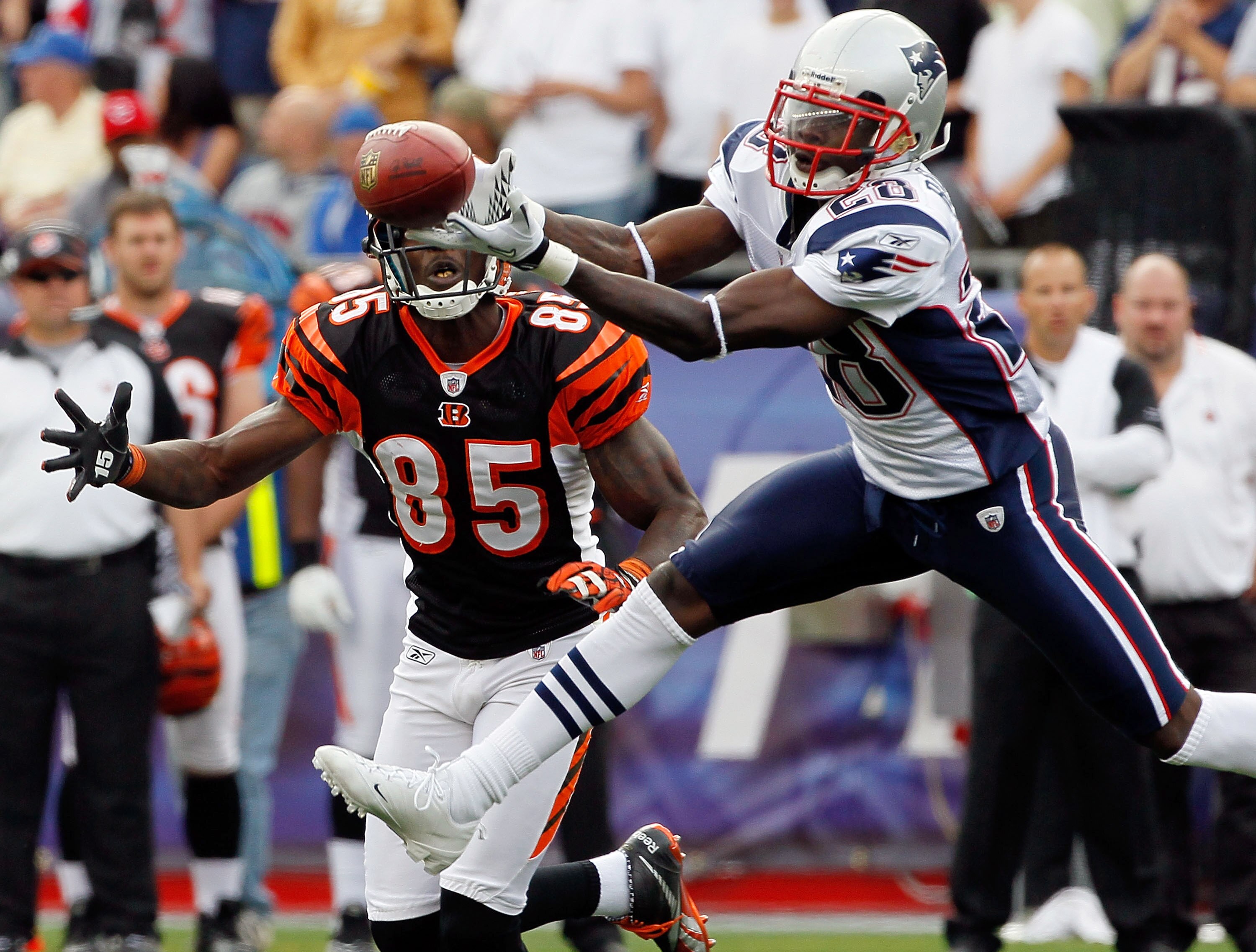 FOXBORO, MA - SEPTEMBER 12: Darius Butler #28 of the New England Patriots breaks up a pass intended for Chad Ochocinco #85 of the Cincinnati Bengals during the NFL season opener at Gillette Stadium on September 12, 2010 in Foxboro, Massachusetts. (Jim R FOXBORO, MA - SEPTEMBER 12: Darius Butler #28 of the New England Patriots breaks up a pass intended for Chad Ochocinco #85 of the Cincinnati Bengals during the NFL season opener at Gillette Stadium on September 12, 2010 in Foxboro, Massachusetts. (Jim R