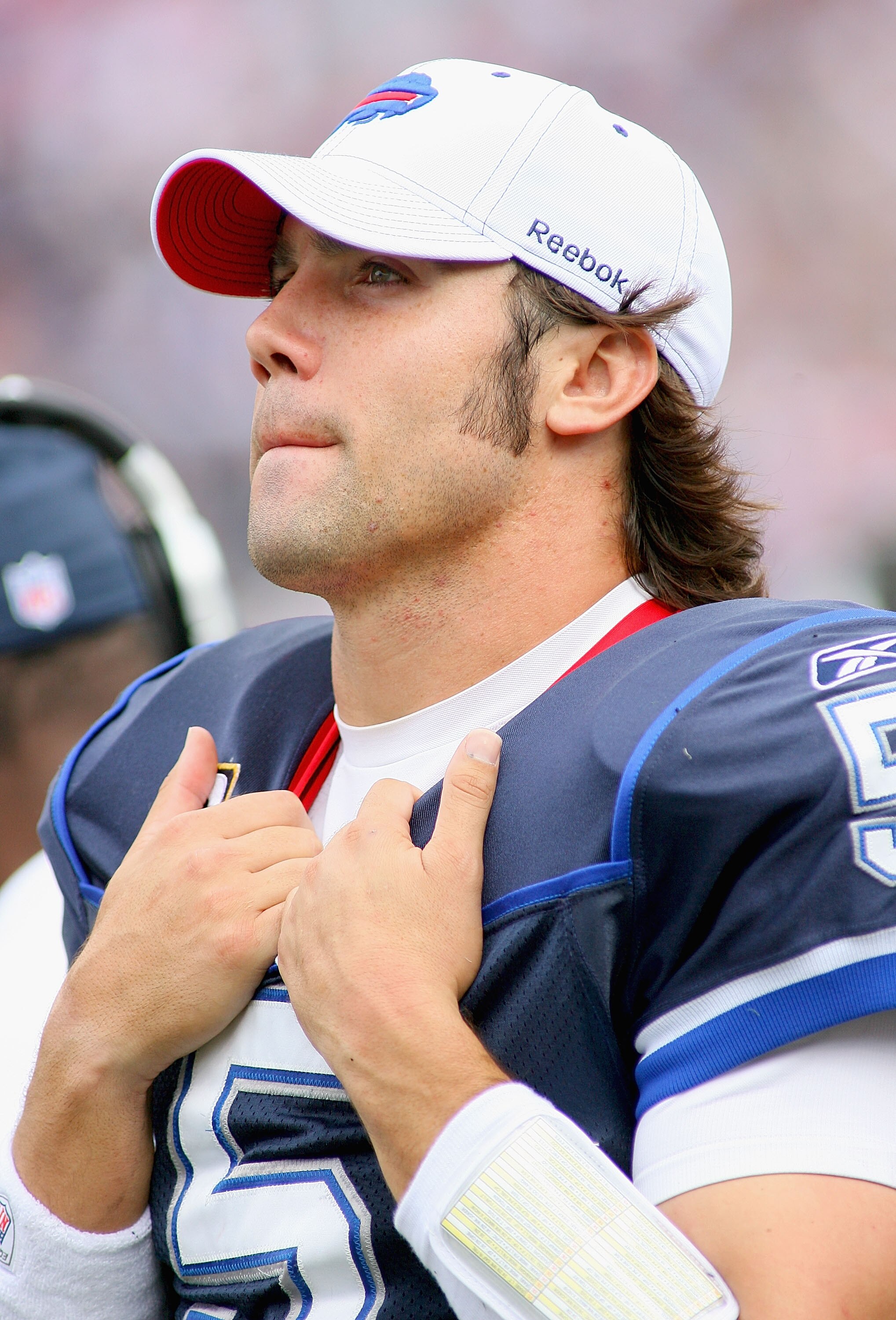 ORCHARD PARK, NY - SEPTEMBER 12: Trent Edwards #5 the Buffalo Bills stands on the sidelines during the NFL season opener against the Miami Dolphins  at Ralph Wilson Stadium on September 12, 2010 in Orchard Park, New York. Miami won 15-10. (Photo by Rick S