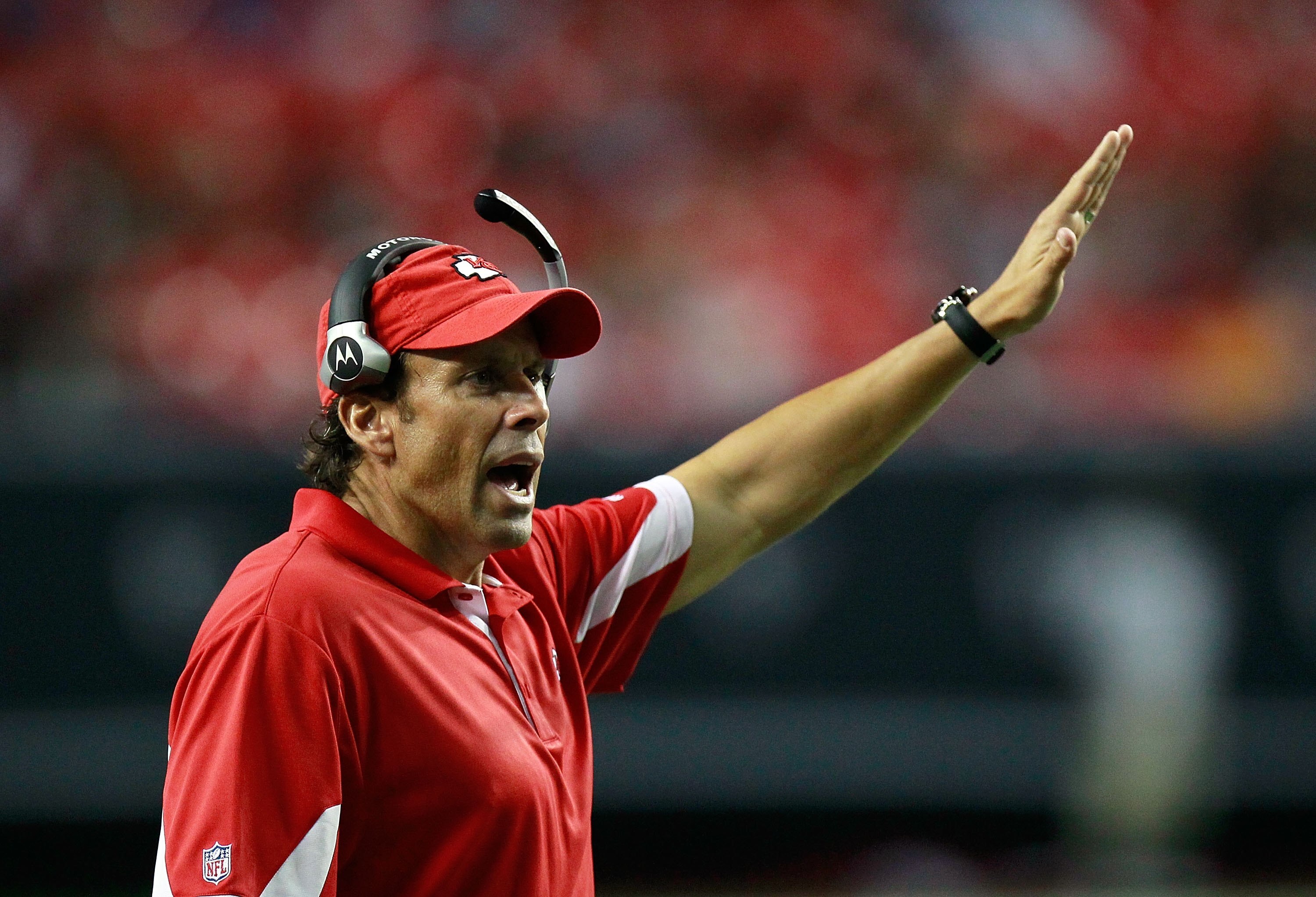 ATLANTA - AUGUST 13:  Head coach Todd Haley of the Kansas City Chiefs against the Atlanta Falcons at Georgia Dome on August 13, 2010 in Atlanta, Georgia.  (Photo by Kevin C. Cox/Getty Images)