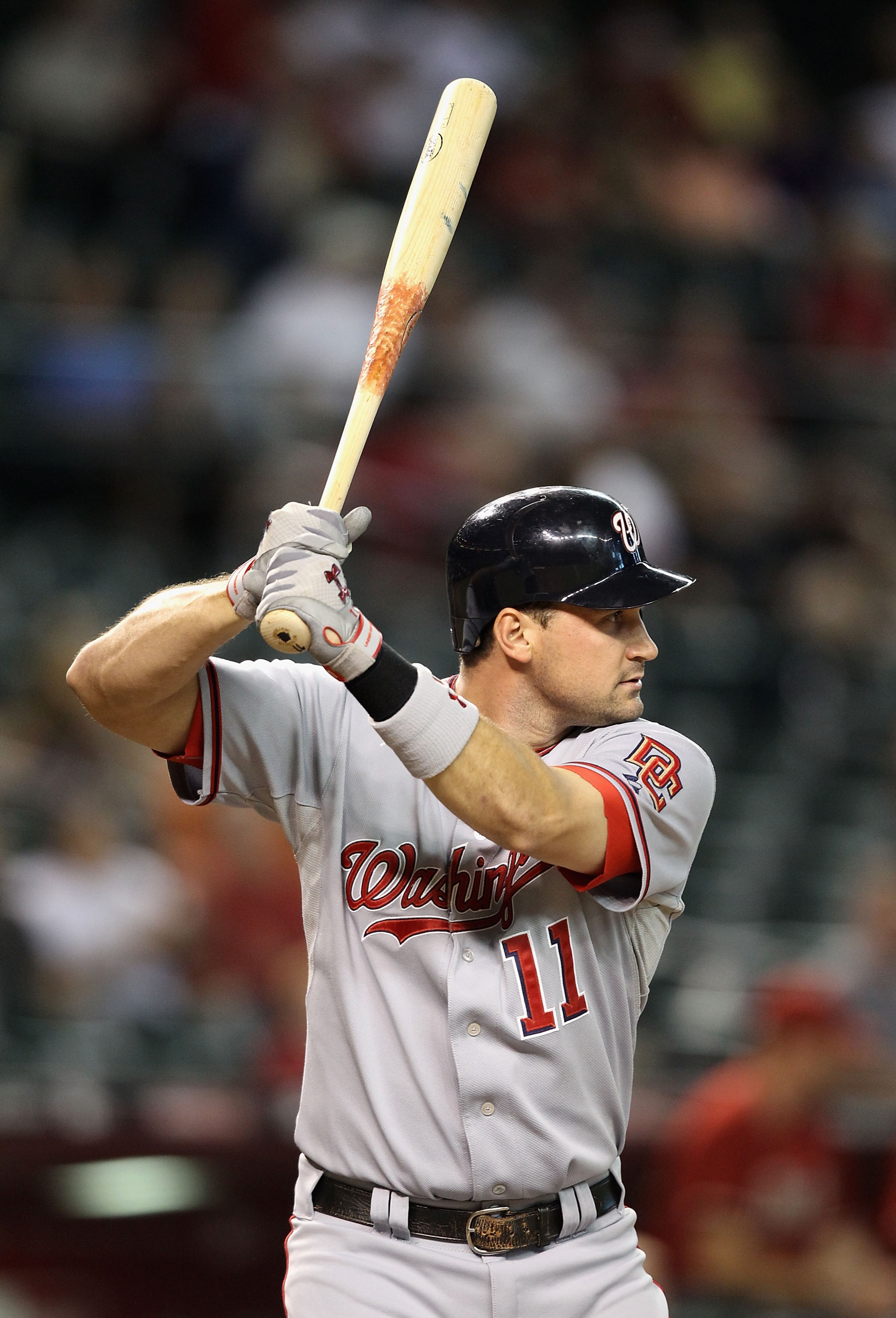PHOENIX - AUGUST 04:  Ryan Zimmerman #11 of the Washington Nationals at bat during the Major League Baseball game against the Arizona Diamondbacks at Chase Field on August 4, 2010 in Phoenix, Arizona. The Nationals defeated the Diamondbacks 7-2.  (Photo b