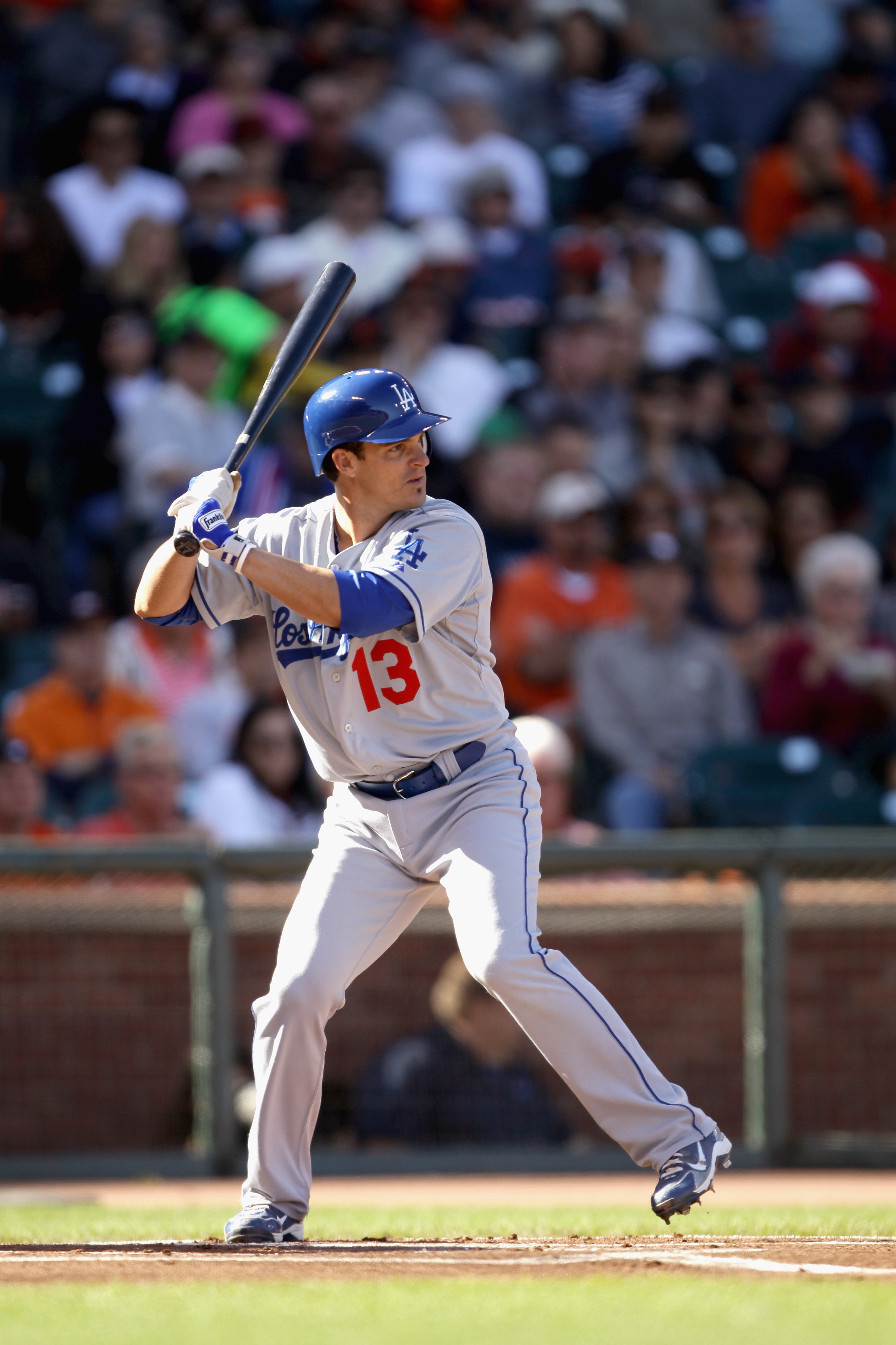 SAN FRANCISCO - AUGUST 01:  Ryan Theriot #13 of the Los Angeles Dodgers bats against the San Francisco Giants at AT&T Park on August 1, 2010 in San Francisco, California.  (Photo by Ezra Shaw/Getty Images)