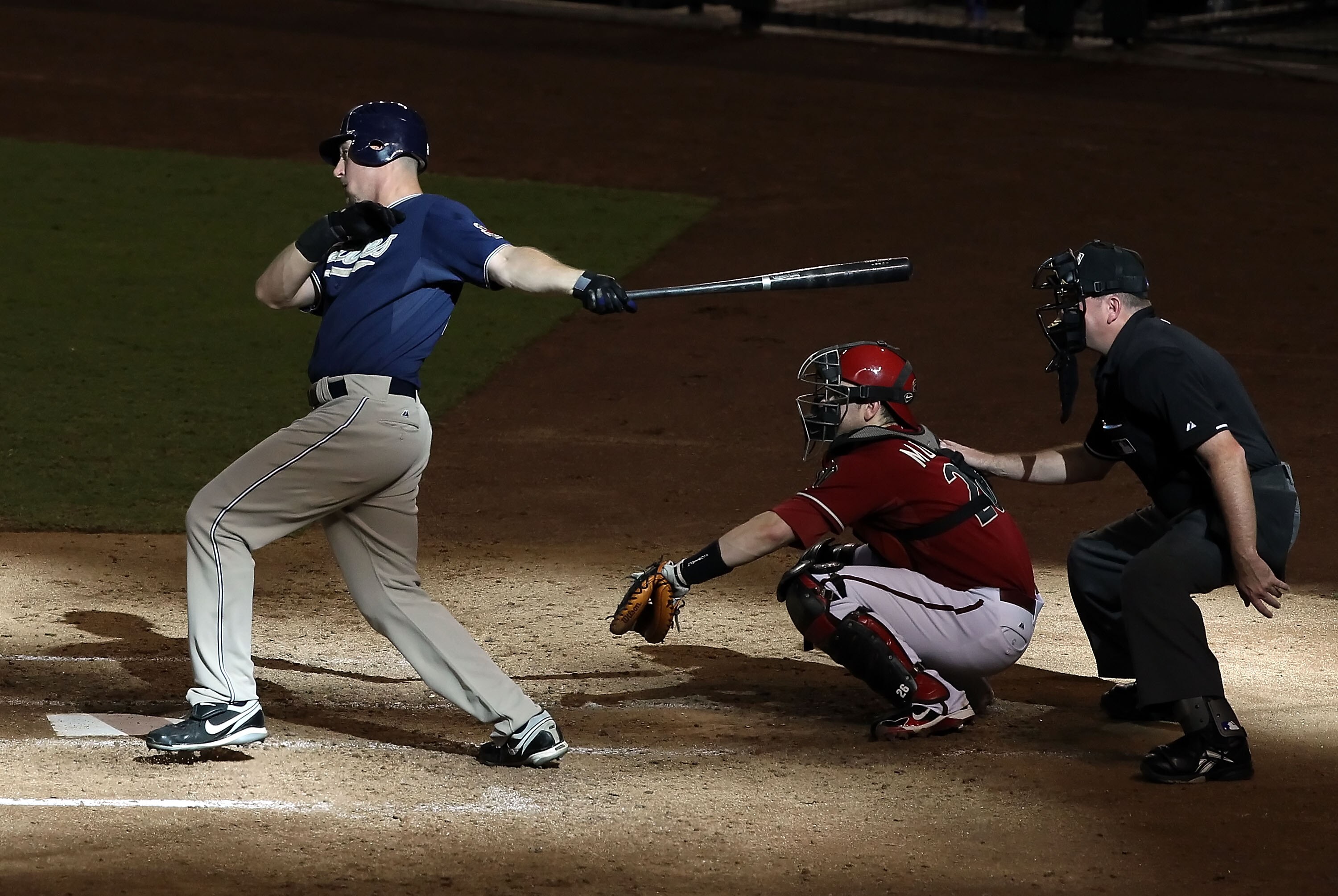 PHOENIX - SEPTEMBER 01:  Ryan Ludwick #47 of the San Diego Padres hits a double agianst the Arizona Diamondbacks during the sixth inning of the Major League Baseball game at Chase Field on September 1, 2010 in Phoenix, Arizona.  The Diamondbacks defeated