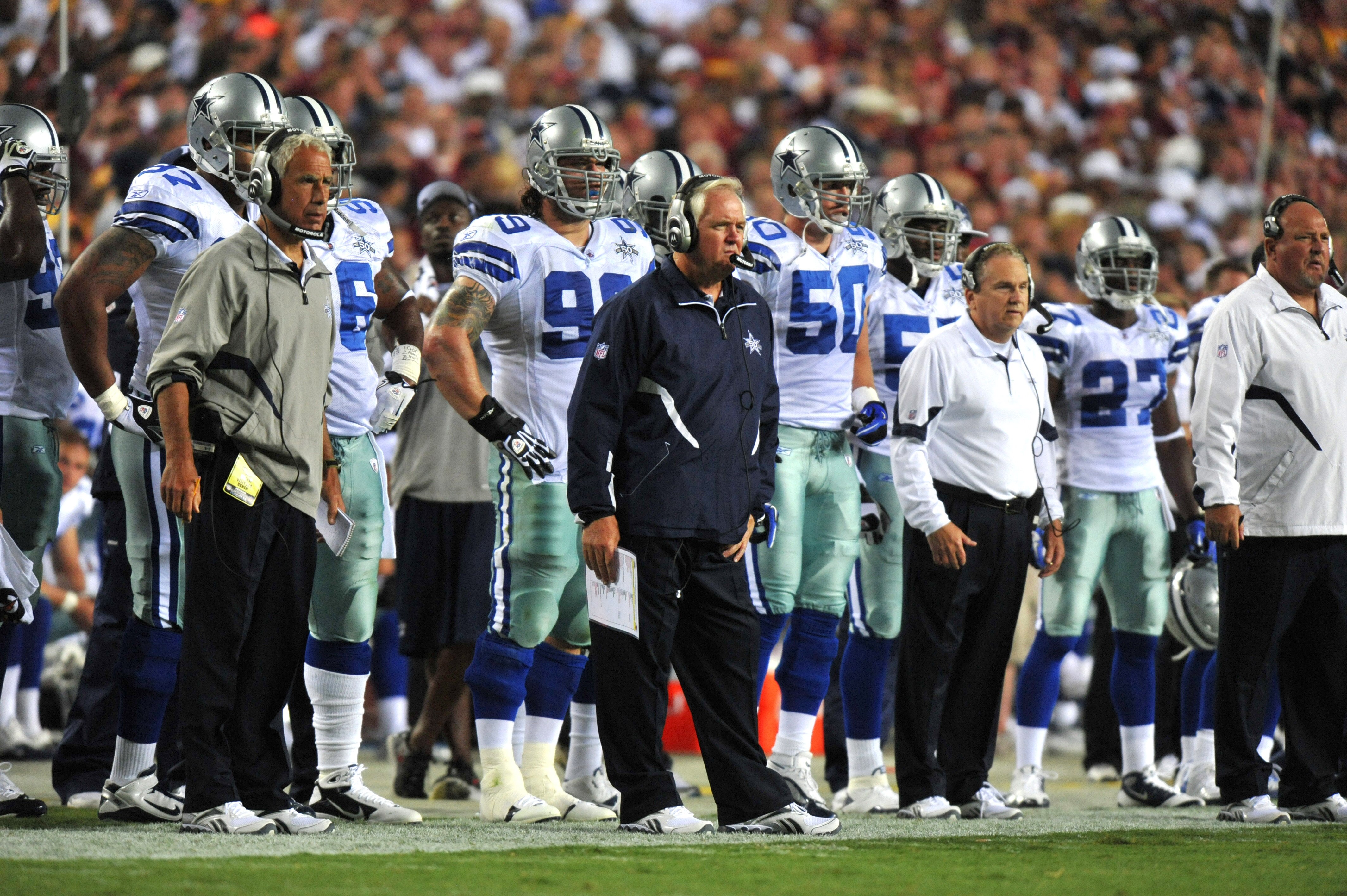 LANDOVER - SEPTEMBER 12:  Head coach Wade Phillips of the Dallas Cowboys coaches during the NFL season opener against the Washington Redskins at FedExField on September 12, 2010 in Landover, Maryland. The Redskins defeated the Cowboys 13-7. (Photo by Larr