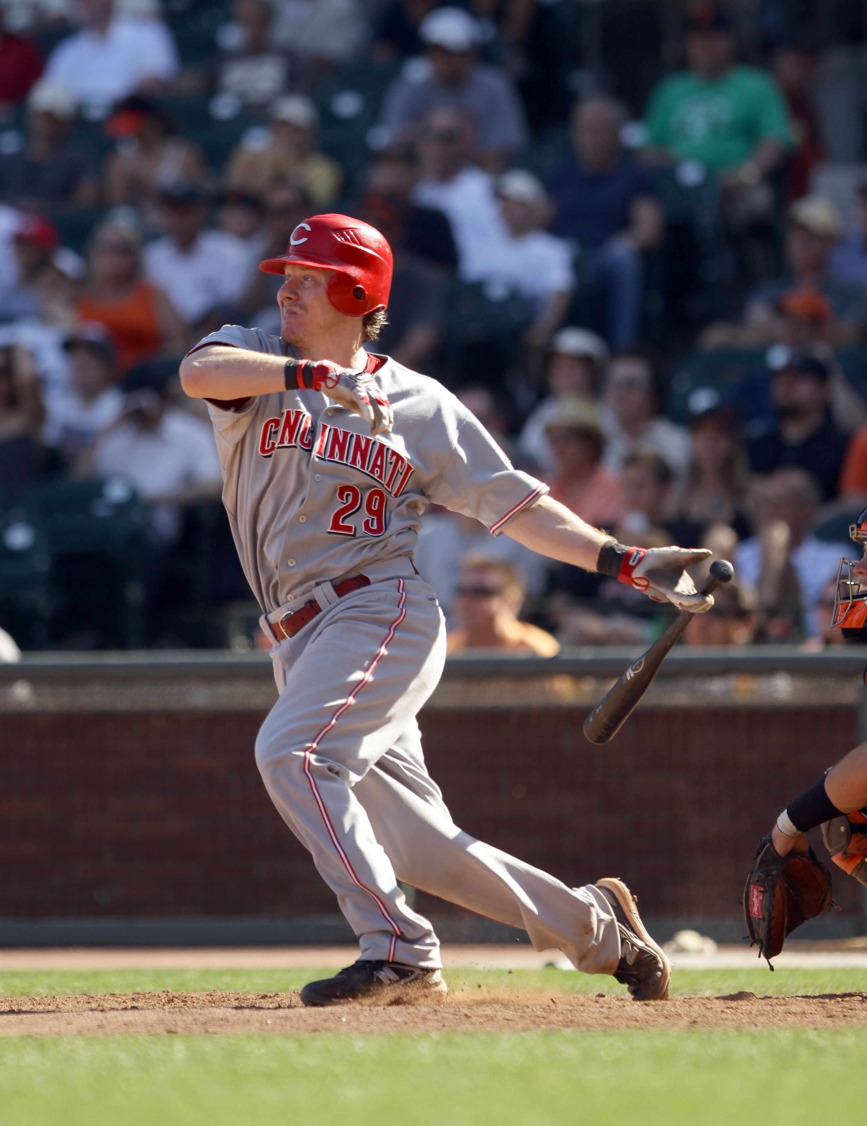 SAN FRANCISCO - AUGUST 25:  Ryan Hanigan #29 of the Cincinnati Reds bats against the San Francisco Giants at AT&T Park on August 25, 2010 in San Francisco, California.  (Photo by Ezra Shaw/Getty Images)