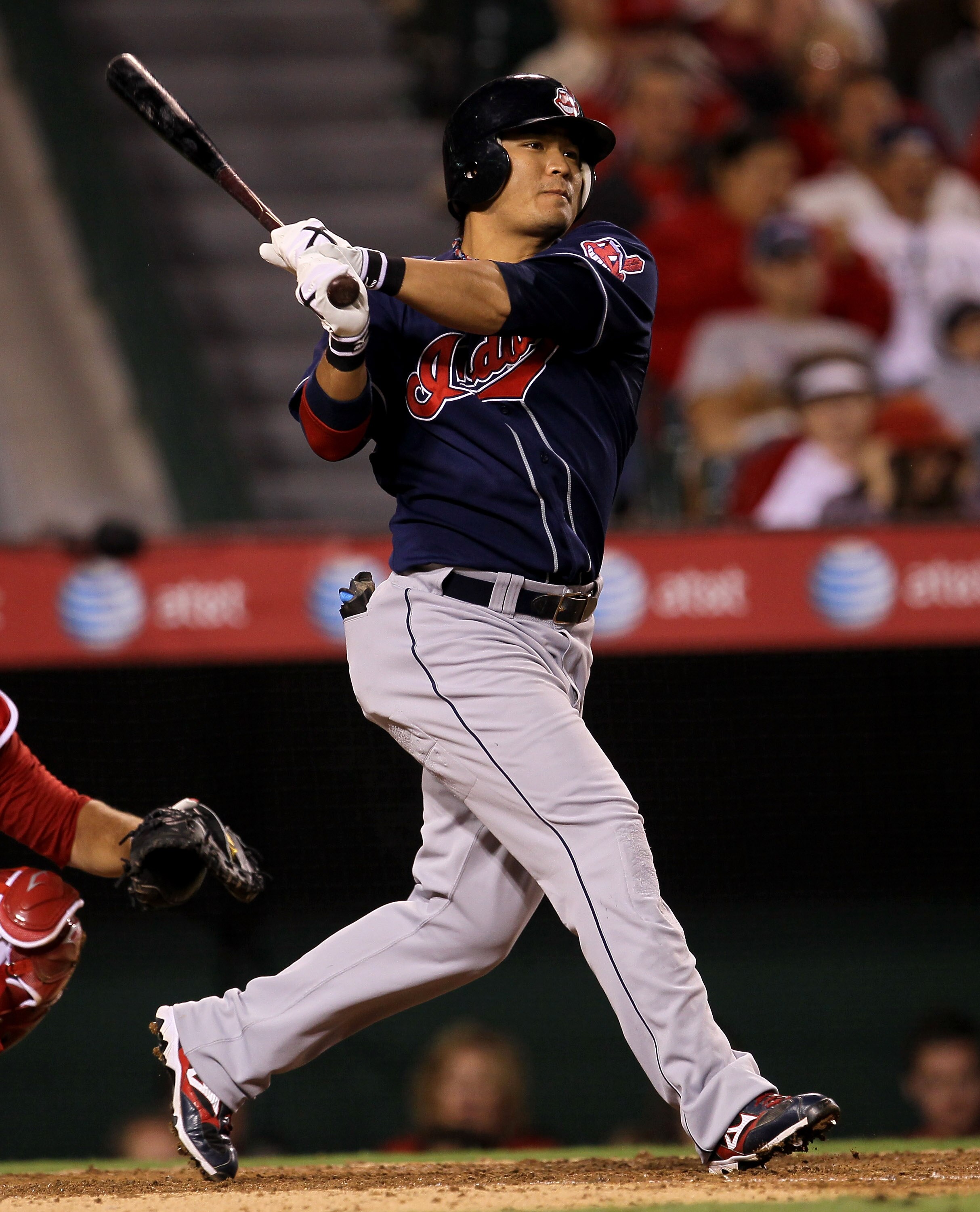ANAHEIM, CA - SEPTEMBER 06:  Shin-Soo Choo #17 of the Cleveland Indians gets the game winning RBI with a single in the eighth inning against the Los Angeles Angels of Anaheim on September 6, 2010 at Angel Stadium in Anaheim, California. The  Indians won 3