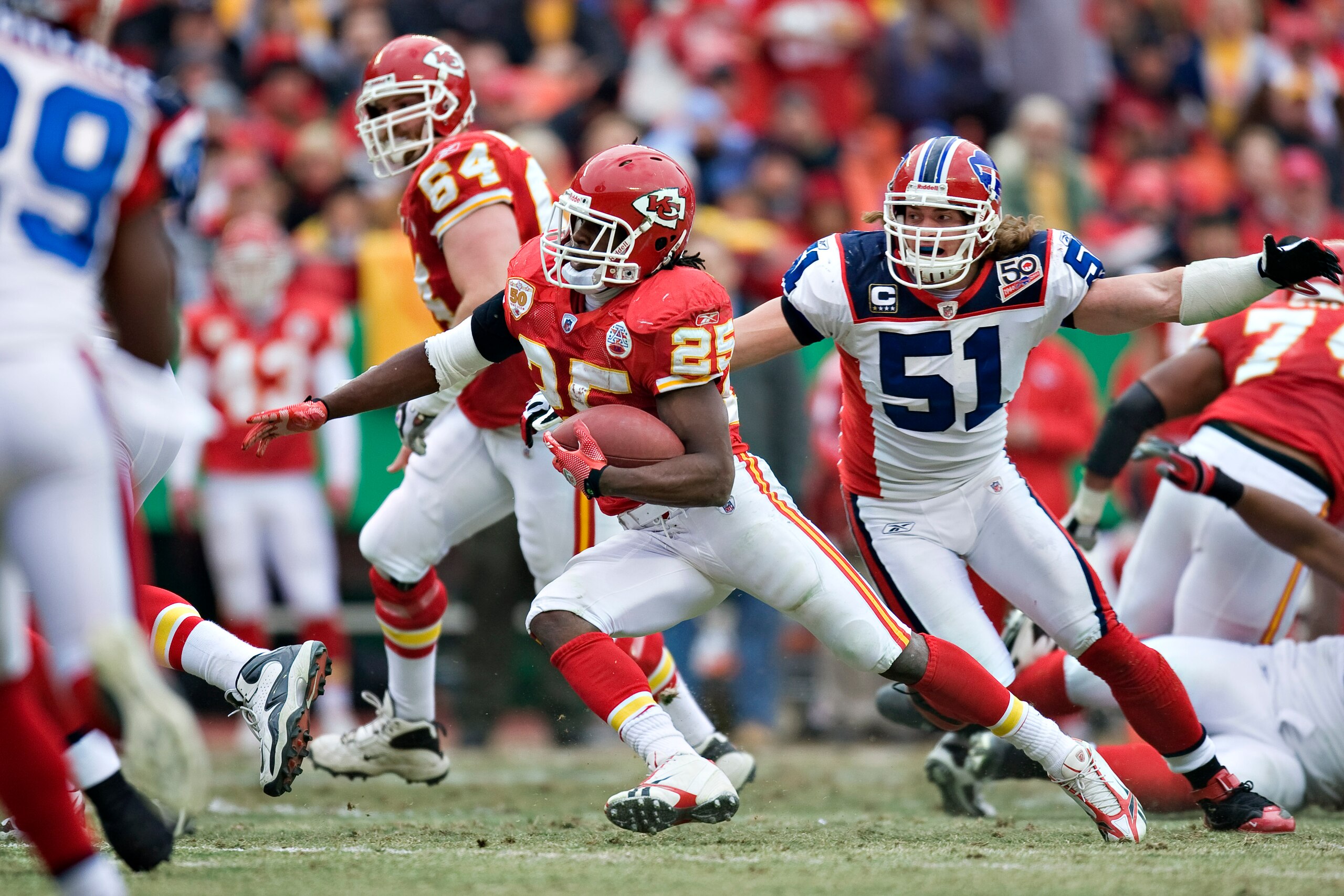 KANSAS CITY, MO - DECEMBER 13: Running back Jamaal Charles #25 of the Kansas City Chiefs  runs the ball during a NFL game action against the Buffalo Bills at Arrowhead Stadium on December 13, 2009 Kansas City, Missouri.  The Bills defeated the Chiefs 16-1
