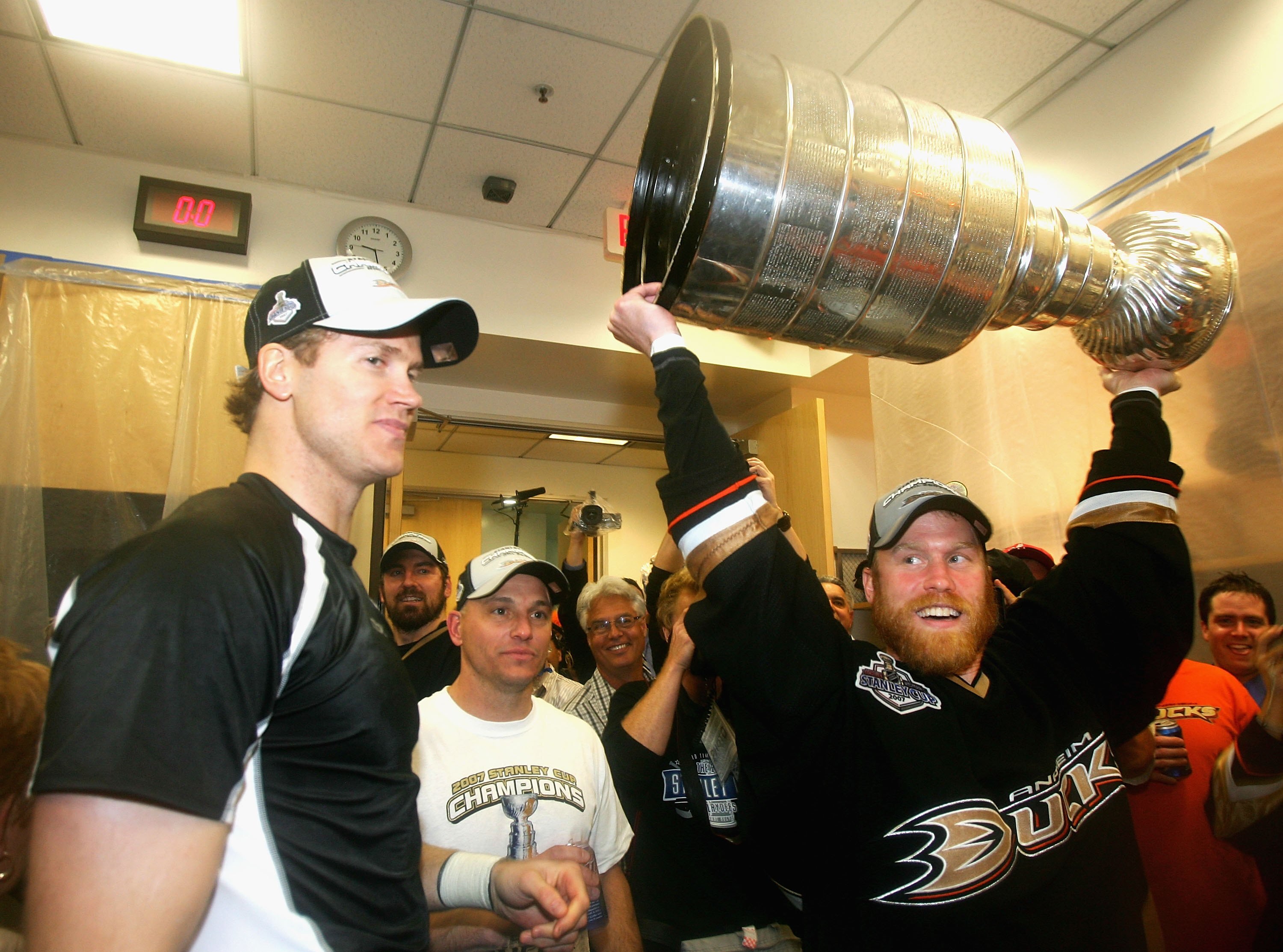 ANAHEIM, CA - JUNE 06:  Todd Marchant #22 of the Anaheim Ducks celebrates lifting the Stanley Cup in the locker room after defeating the Ottawa Senators in Game Five of the 2007 Stanley Cup finals on June 6, 2007 at Honda Center in Anaheim, California. Th